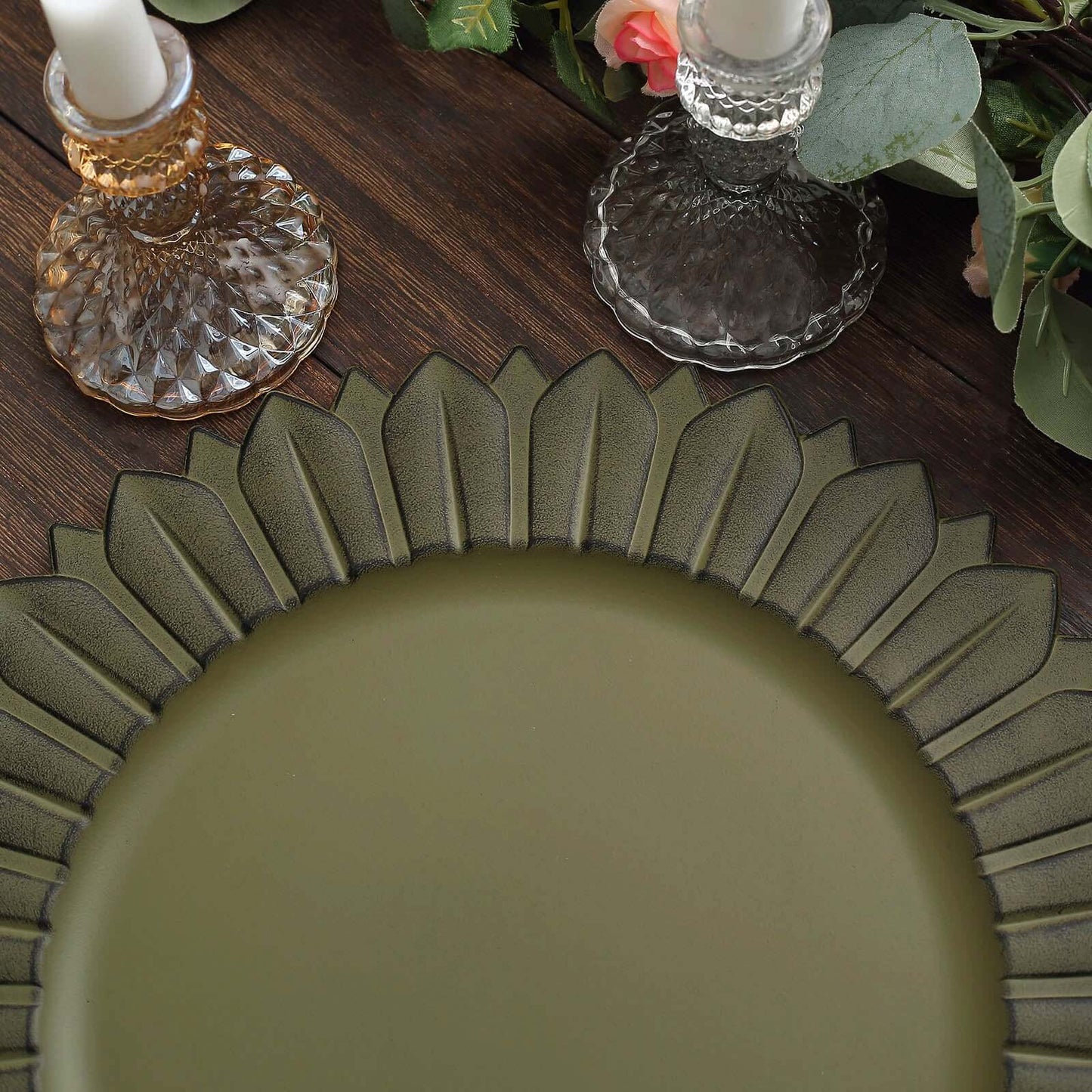6-Pack Plastic Round Charger Plates 13" in Olive Green with Sunflower Rim, Matte Finish Disposable Dinner Charger Tableware