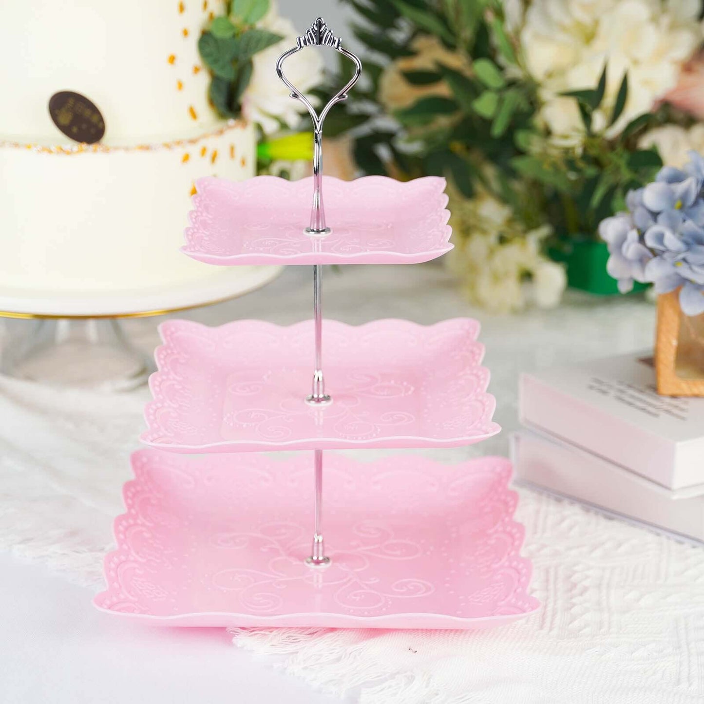 3-Tier Plastic Square Cupcake Stand Tower Pink - Charming Easy to Assemble Dessert Display Serving Tray Platter with Floral Embossed Scalloped Rim & Silver Handle for Tea Parties Weddings & Special Occasions 13"