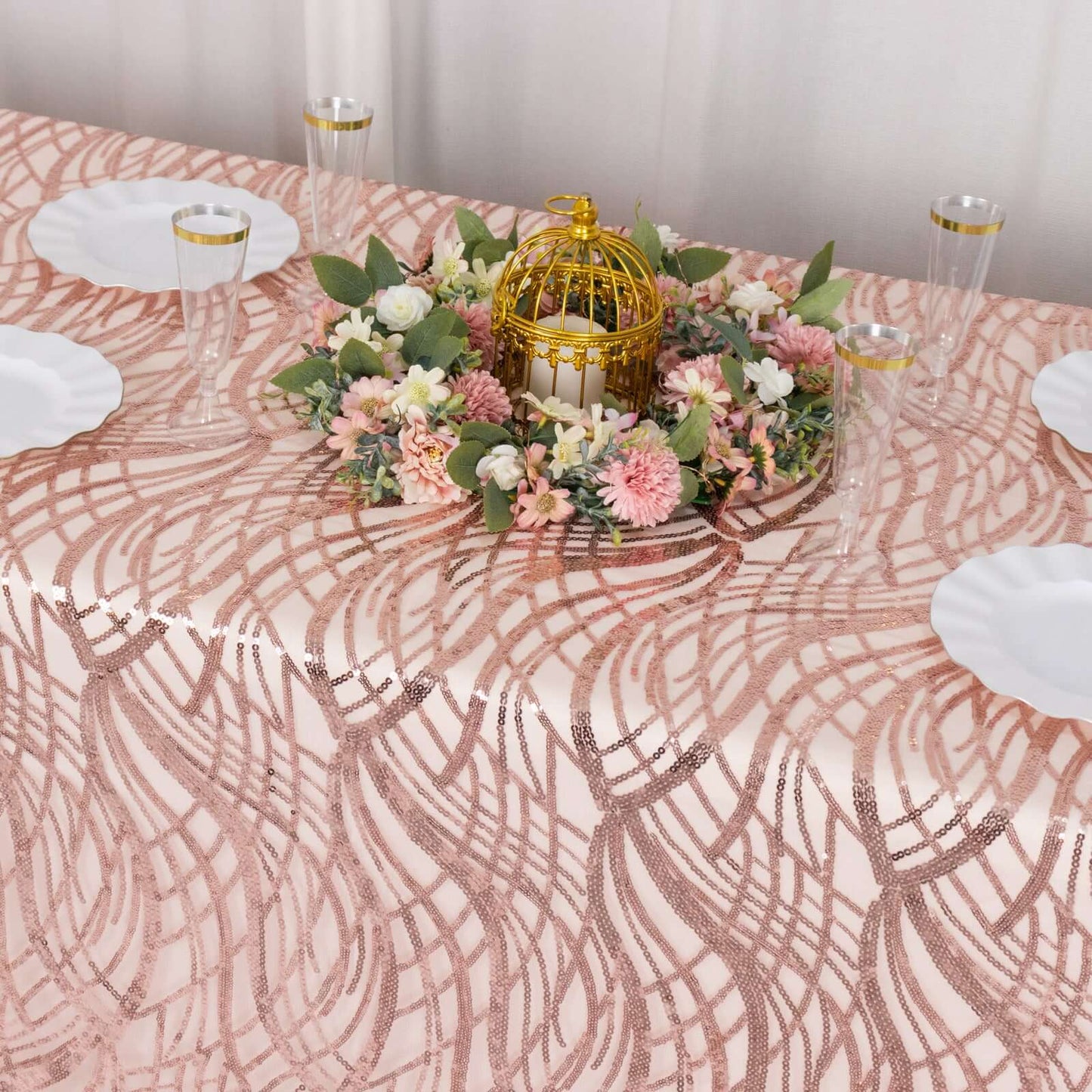 Mesh 90"x156" Rectangle Tablecloth Rose Gold - Wave Sequin Embroidered Table Cover