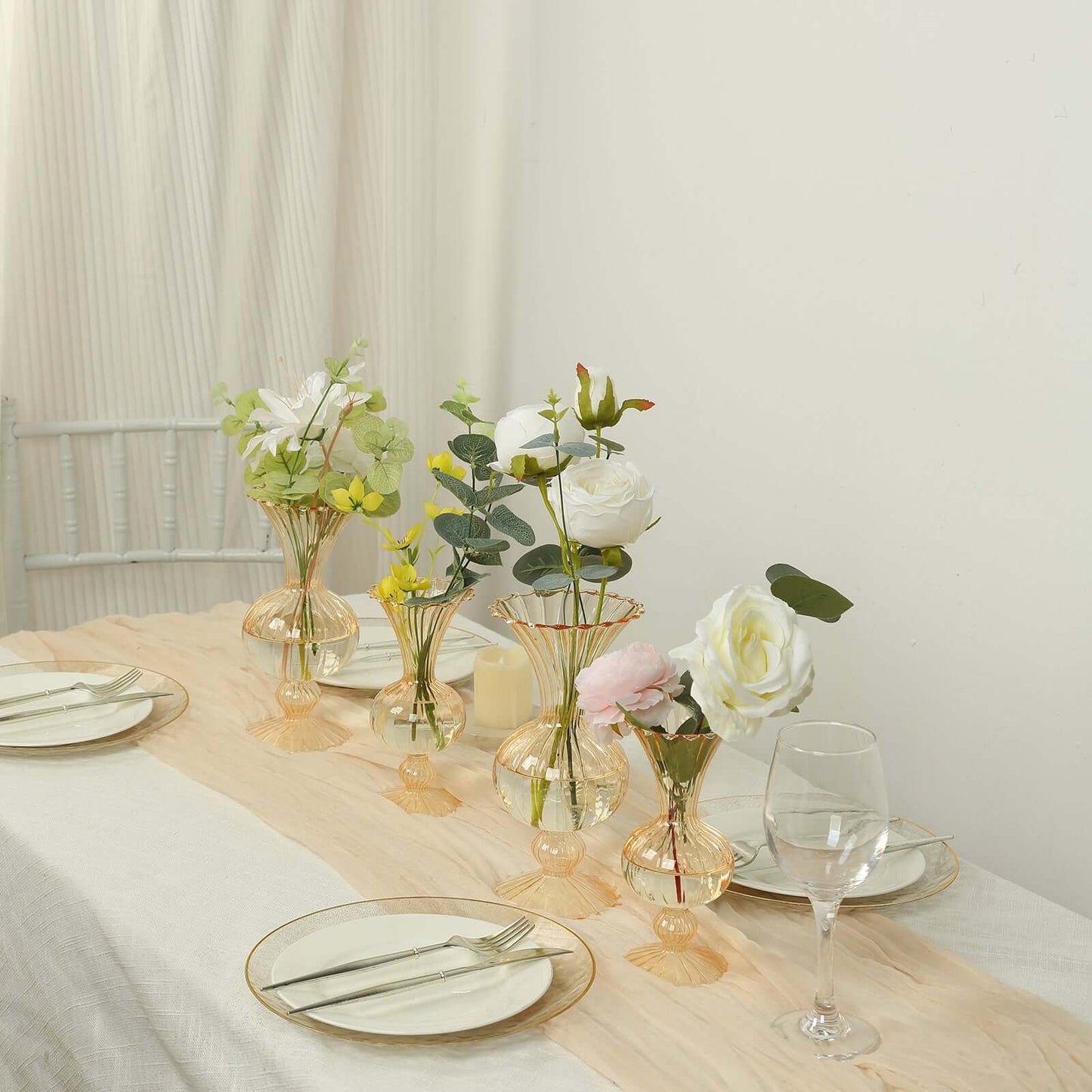 Set of 4 Glass Flower Vases Nordic Style with Petals Texture Amber Gold - Transparent Bud Planters for Wedding Table Decor 7", 9"