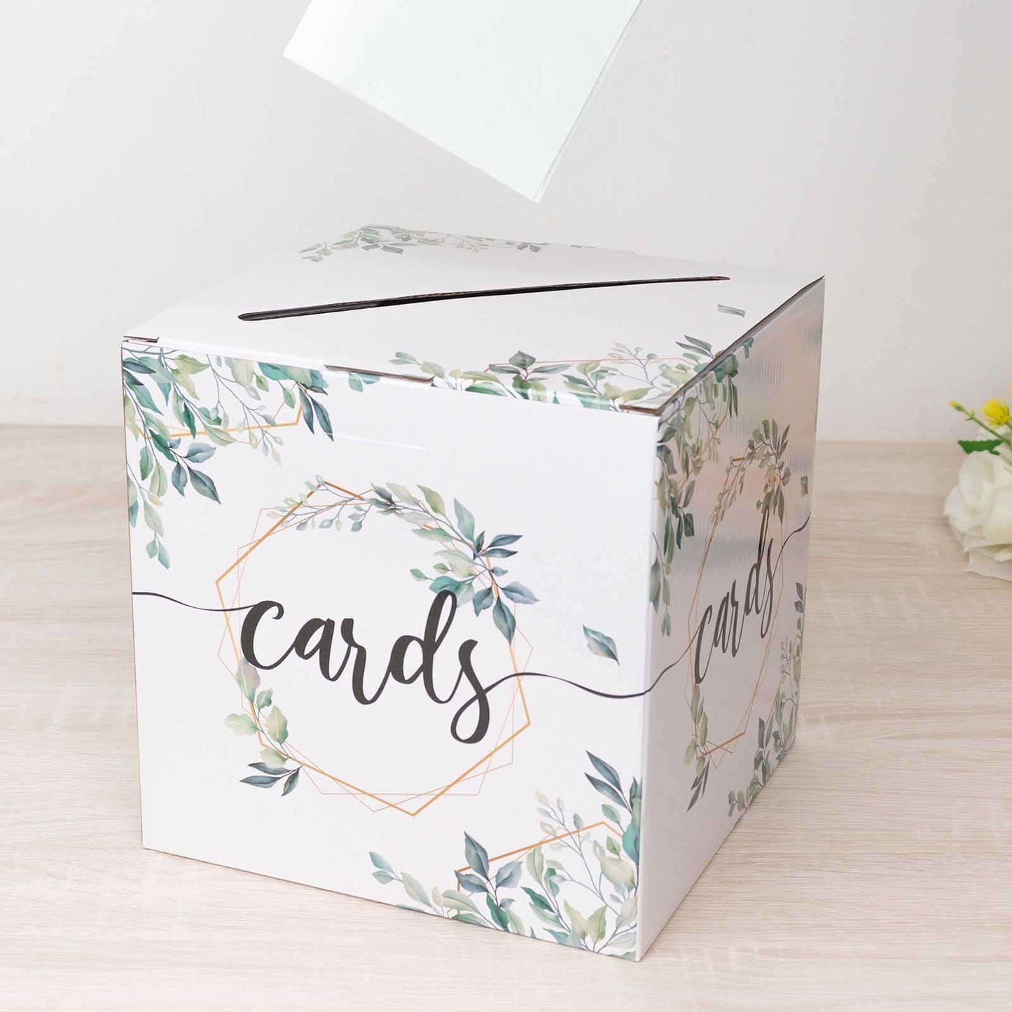 Greenery Theme Wedding Reception Gift Card Box with Geometric Gold Foil Print, Collapsible Money Card Box - 8"x8"
