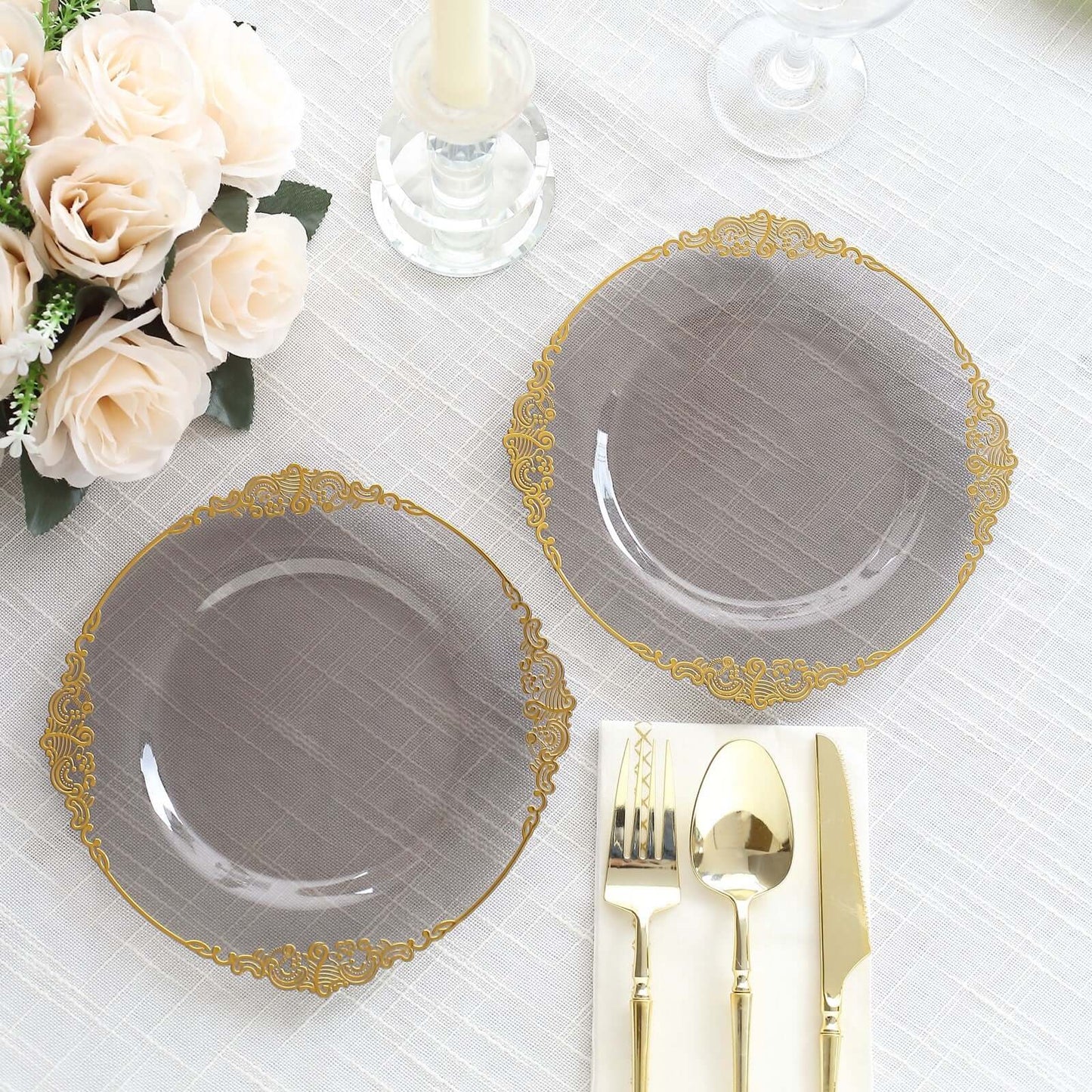 10-Pack Plastic 8" Round Dessert Plates in Transparent Black with Gold Leaf Embossed Rim - Disposable Vintage Baroque Style Salad Plates