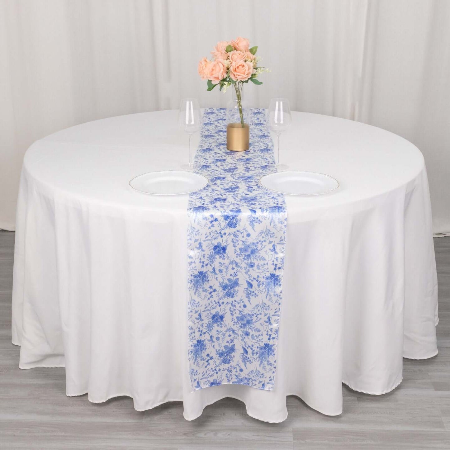 Satin 12"x108" Table Runner White with Blue French Toile Floral Pattern - Refined Style for Upscale Events