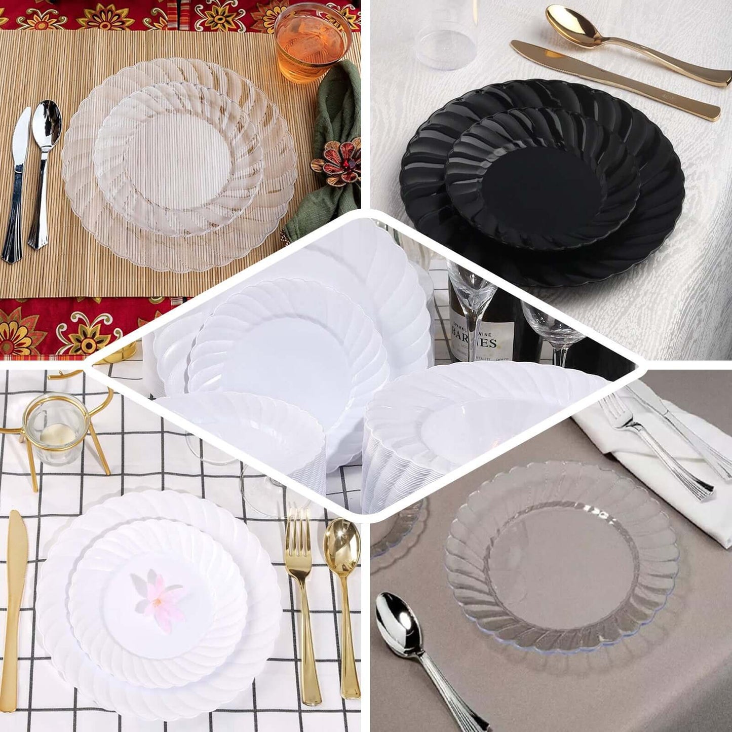 12-Pack Plastic Dessert Plates White Flair Rim - Sturdy Disposable Salad Plates 7.5"
