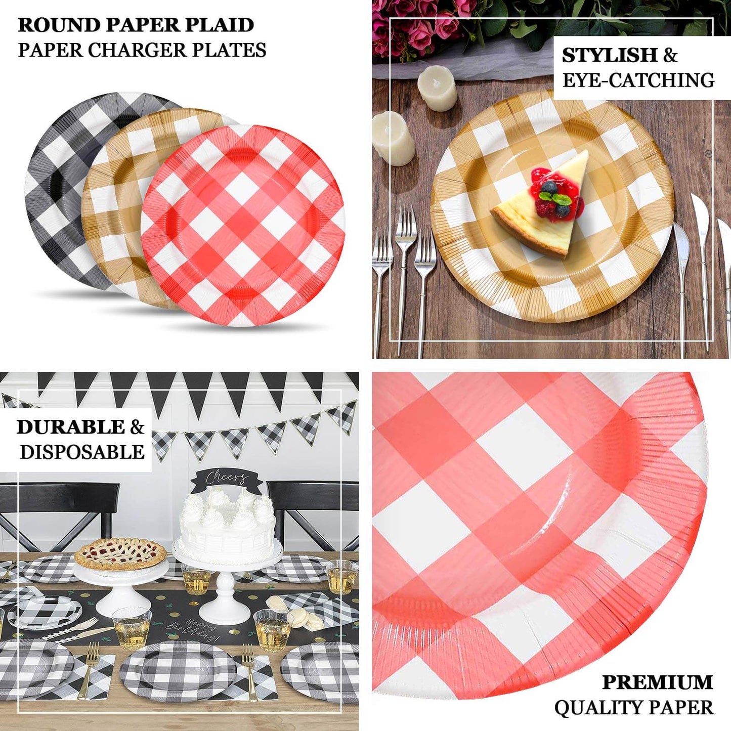 10-Pack Disposable Paper Charger Plates â€“ Black/White Buffalo Plaid 13" Round Table Chargers, 350 GSM Cardstock