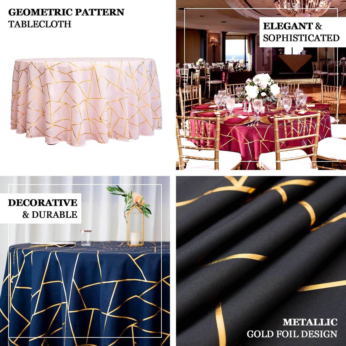 Polyester 120" Round Tablecloth White with Gold Foil Geometric Pattern Wrinkle-Resistant Modern Seamless Table Cover