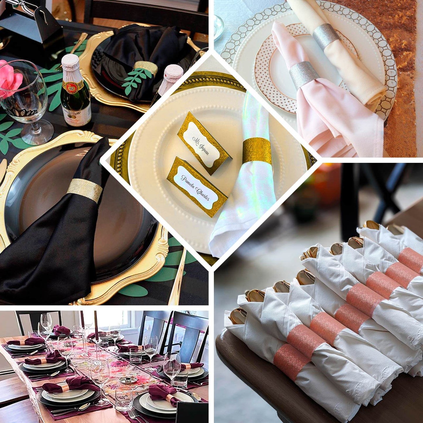 50-Pack Paper Napkin Rings Rose Gold Glitter - Stylish Disposable Napkin Holders 1.5"