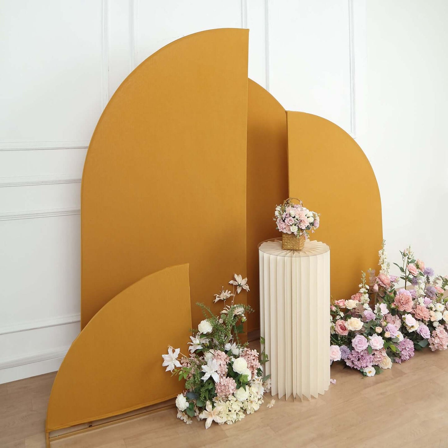 Set of 4 Matte Gold Spandex Half Moon Chiara Backdrop Stand Covers, Custom Fitted Wedding Arch Covers - 2.5ft,5ft,6ft,7ft