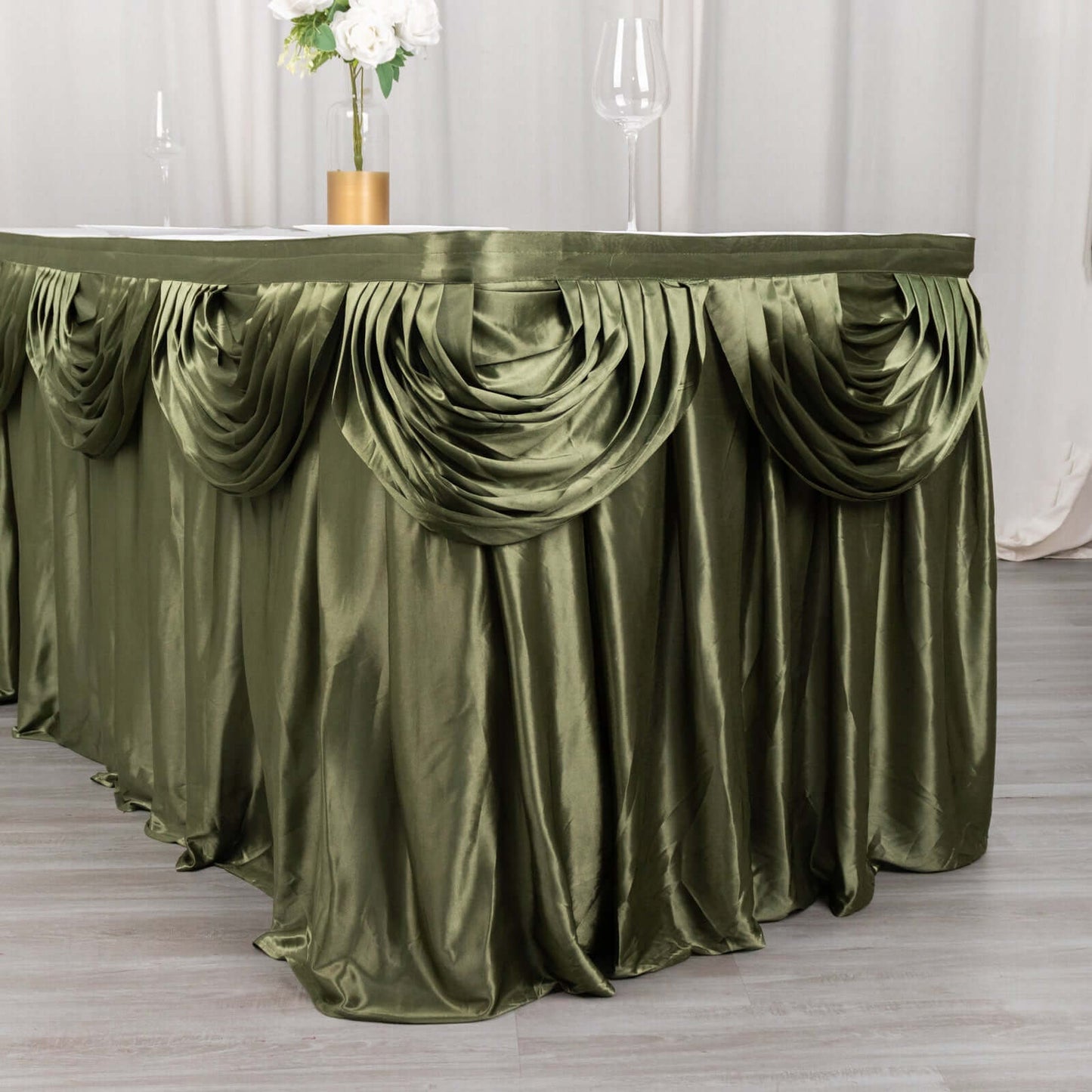 Satin 14ft Table Skirt Dusty Sage Green - Pleated Double Drape Table Cover