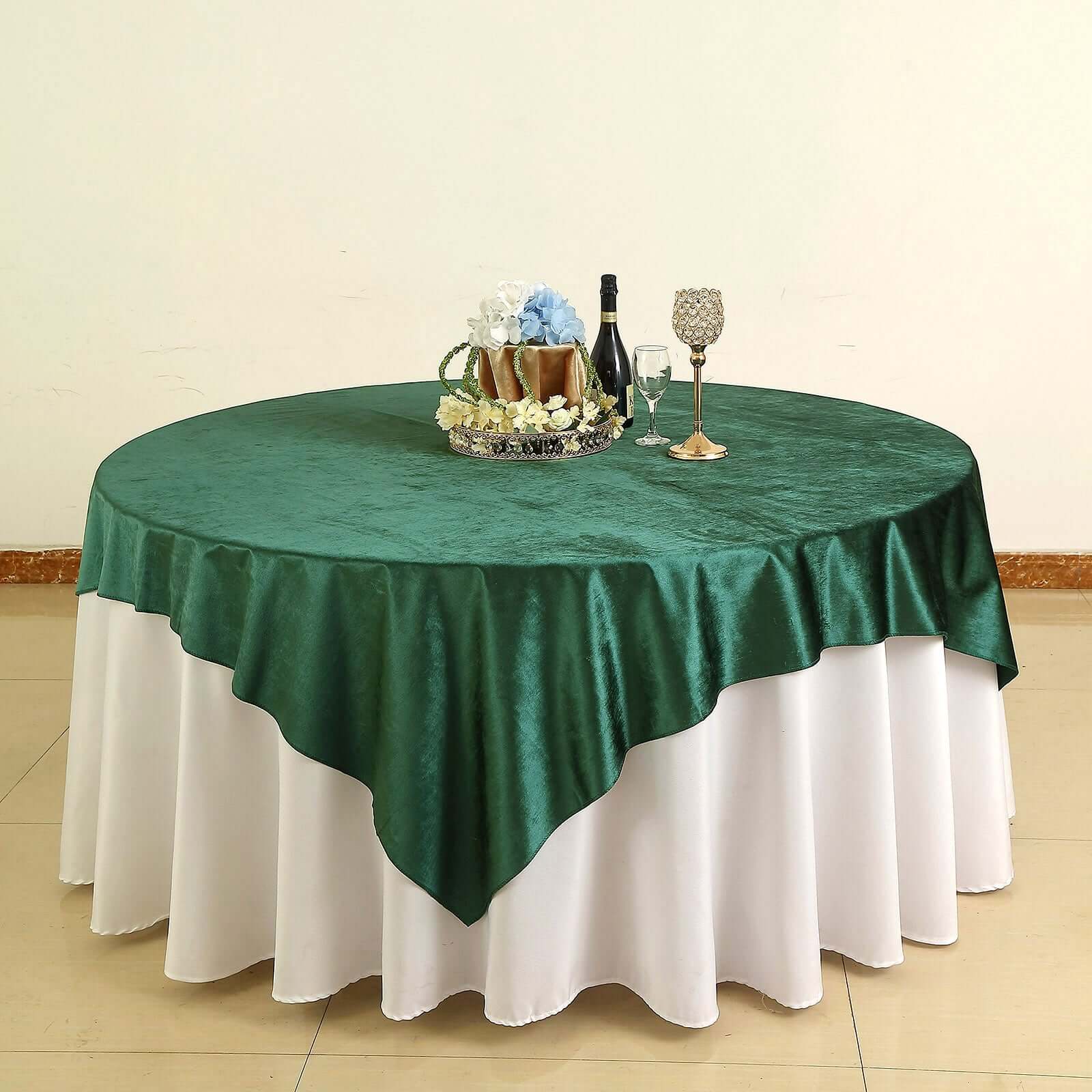 Velvet 72"x72" Table Overlay Square Tablecloth Hunter Emerald Green - Premium Soft Finish Table Topper - Linen Luxes