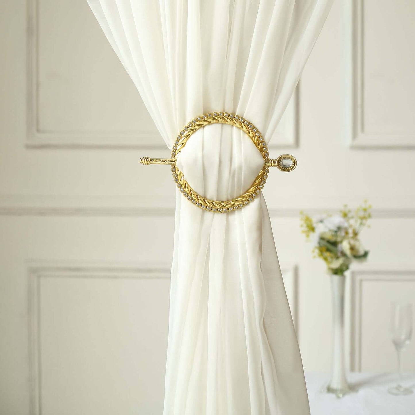 Set of 2 6" Gold Acrylic Braided Barrette Style Curtain Tie Backs With Crystal Diamond Studded Edge, Round Backdrop Drapery Brooch Holdbacks