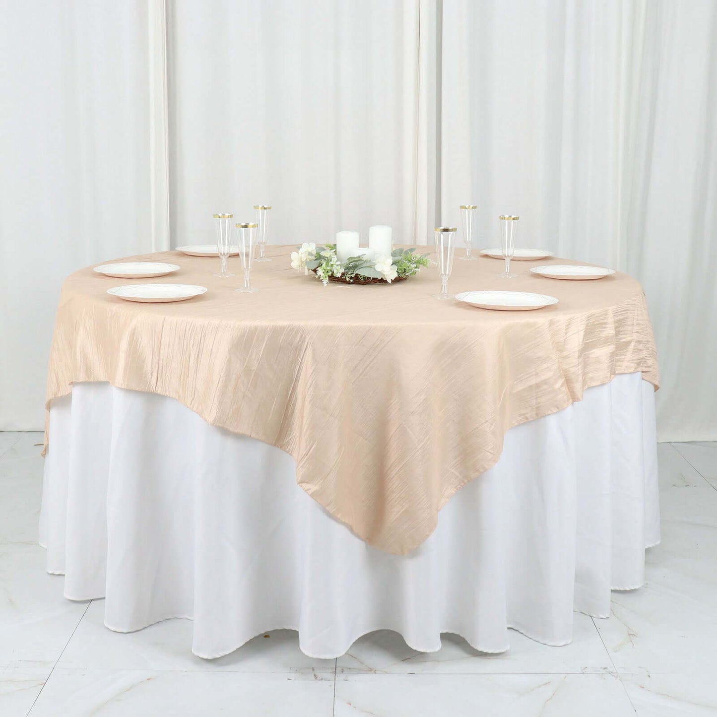 Taffeta 72"x72" Table Overlay Square Tablecloth Beige - Accordion Crinkle Table Cover