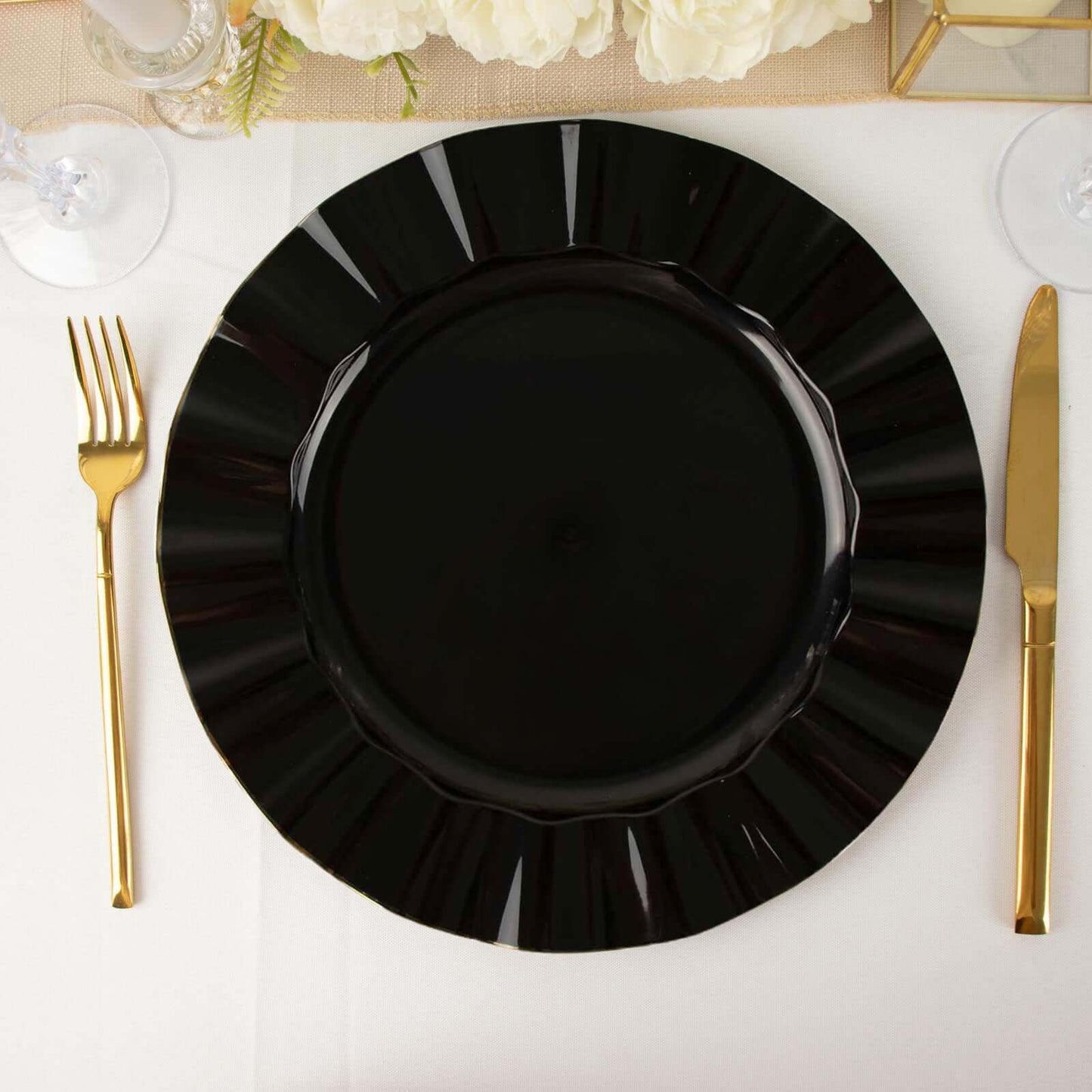 10-Pack Plastic 11" Round Dinner Plates in Black Ruffled Rim with Gold Edging - Sturdy Disposable Dinnerware