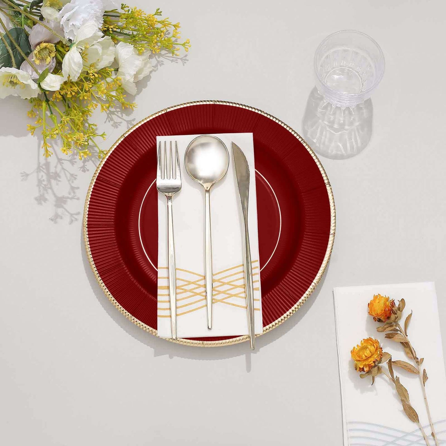 25-Pack Paper 10" Round Dinner Plates in Burgundy Sunray Design with Gold Rim - Disposable Heavy Duty 350GSM Party Plates