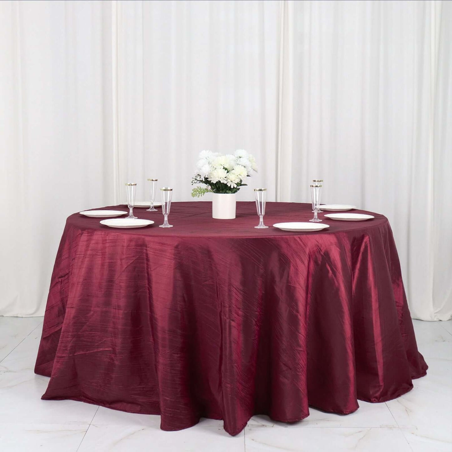 Taffeta 132" Round Tablecloth Burgundy - Seamless Accordion Crinkle Table Cover