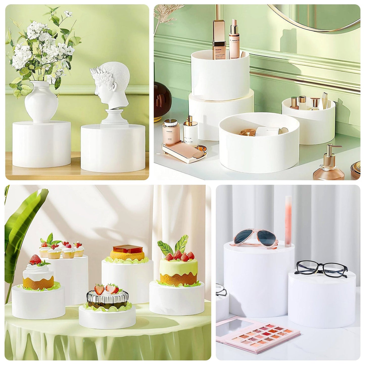 Set of 5 Acrylic Cake Stands Cylinder Design Round White - Display Risers for Events 8.5", 9", 10", 11", 12"