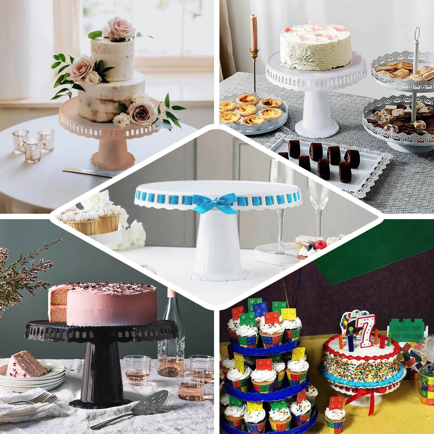 4-Pack Plastic Round Pedestal Cake Stands Blush - Hollow Ribbon Trim Edges 13"