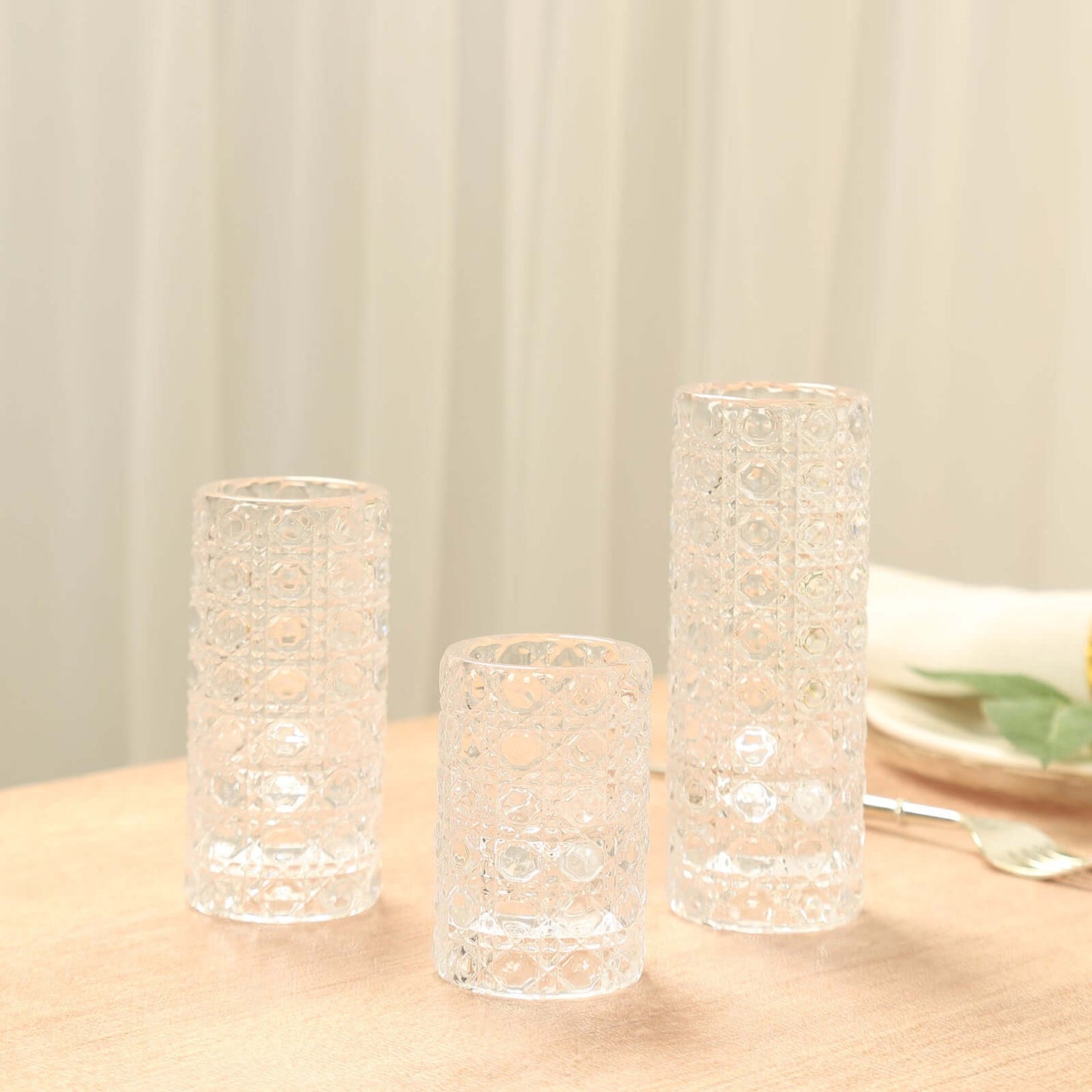 Set of 3 Glass Taper Candle Holders Clear with Gemstone Pattern - Dual Sided Crystal Cylinder Tealight Stands 3", 4", 5.5"