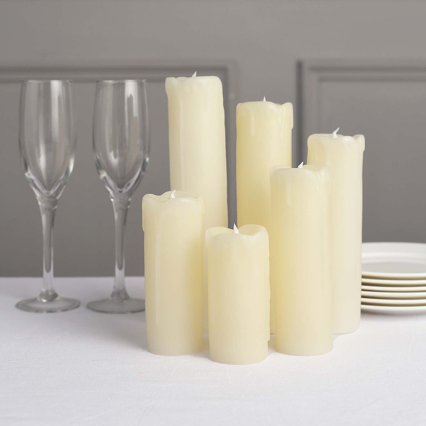 Set of 6 LED Flameless Luminaria Candles Drip Wax Ivory - Battery Operated Pillar Lighting