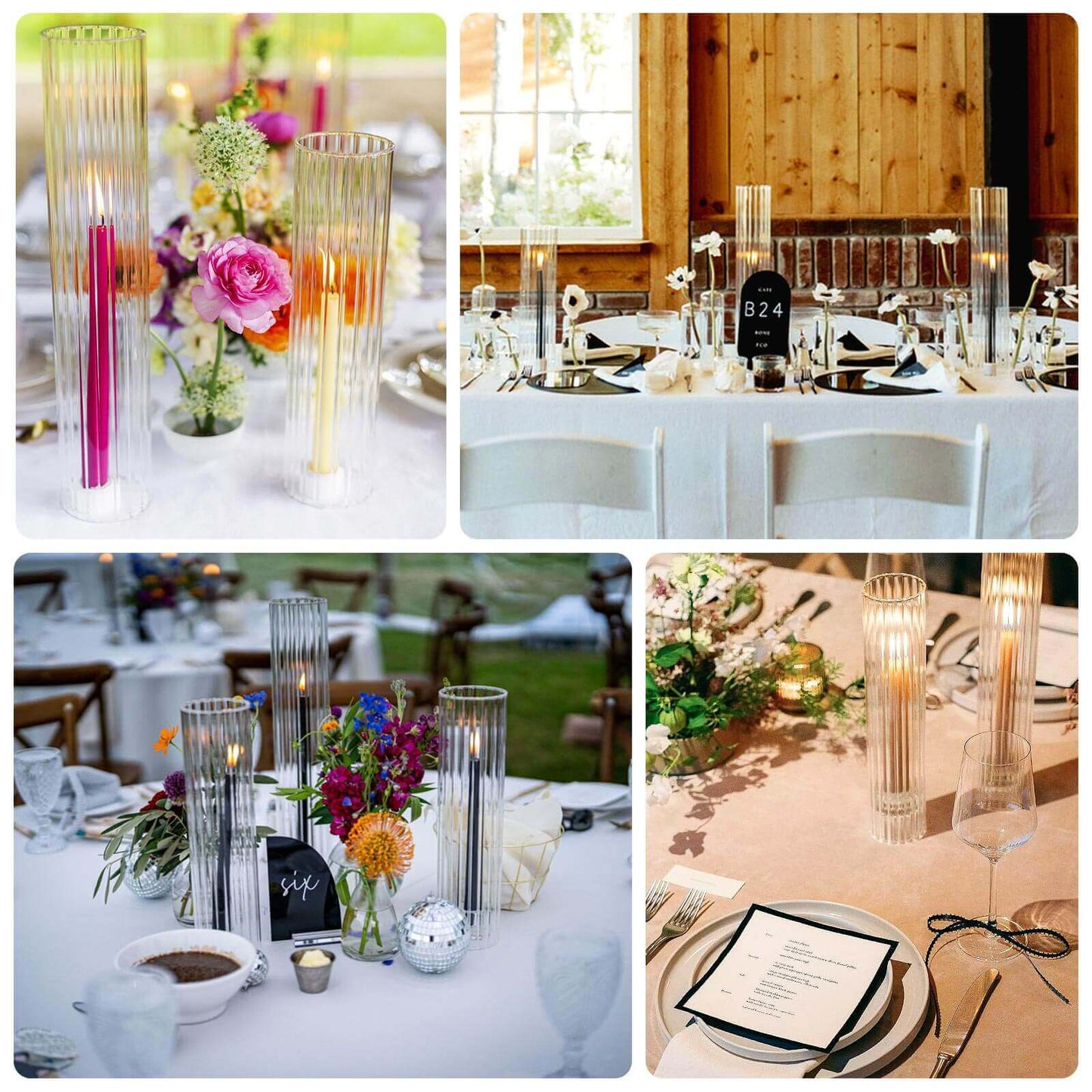 2-Pack Clear Ribbed Glass Hurricane Shades Open End Design - Stylish Candelabra Pillar Candle Holder Table Centerpiece 14"