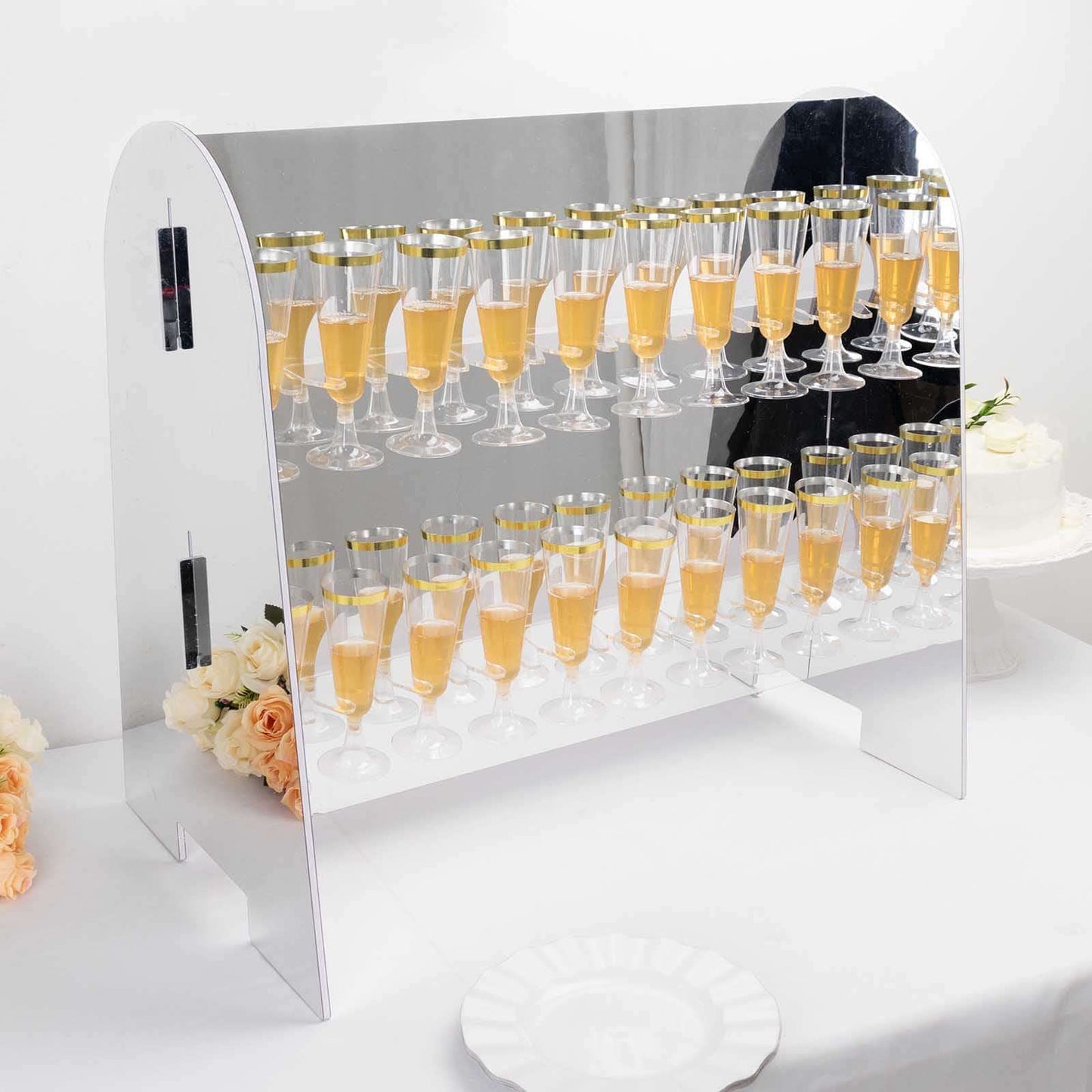 2-Tier Champagne Glass Holder Display Stand Table Top in Silver Mirror Finish - Modern Stemware Rack Cocktail Drink Holder with 18 Hooks for Events & DIY Bars 25"