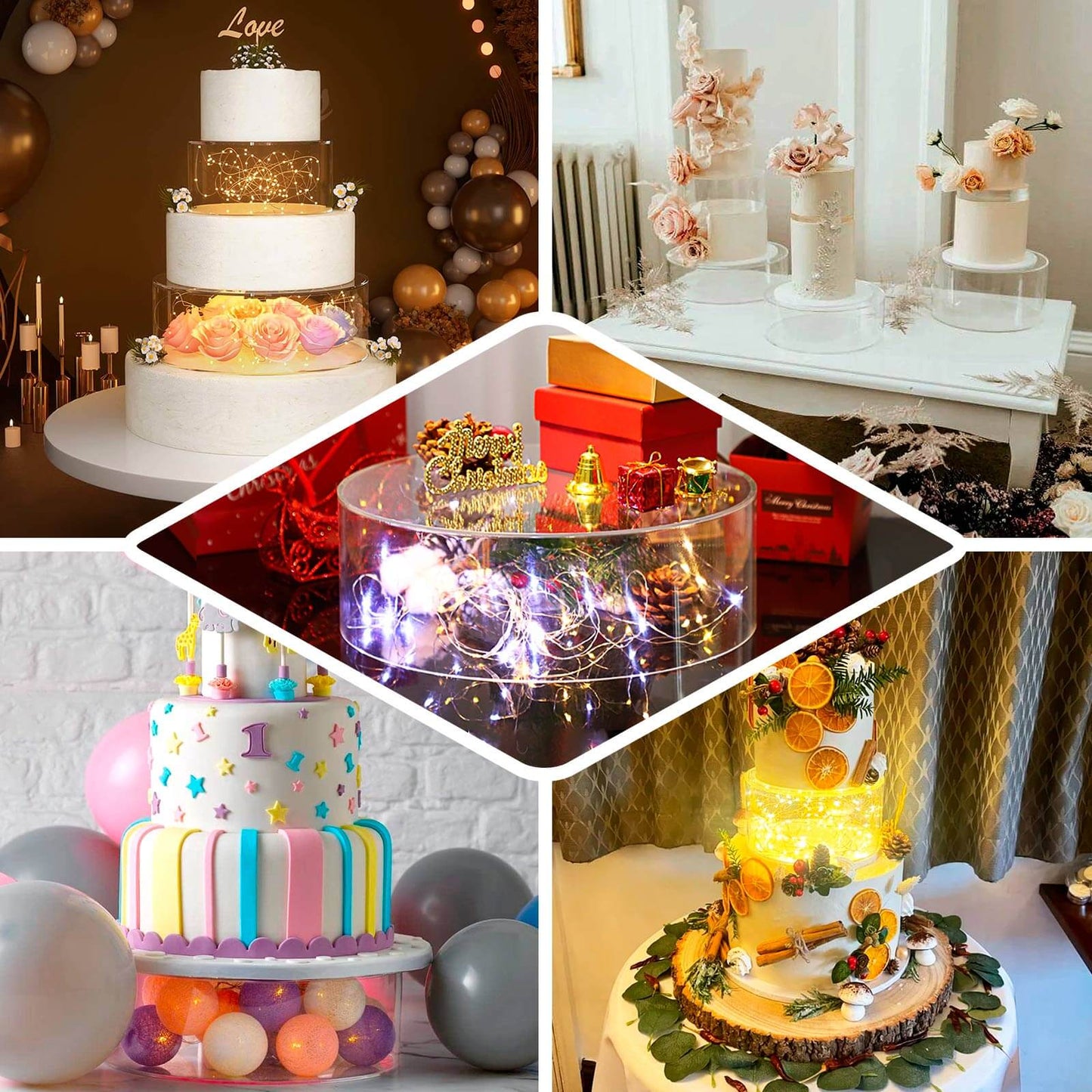 Acrylic Cake Stand Display Box 14" Round - Mirror Finish Silver, Versatile Pedestal Riser for Events