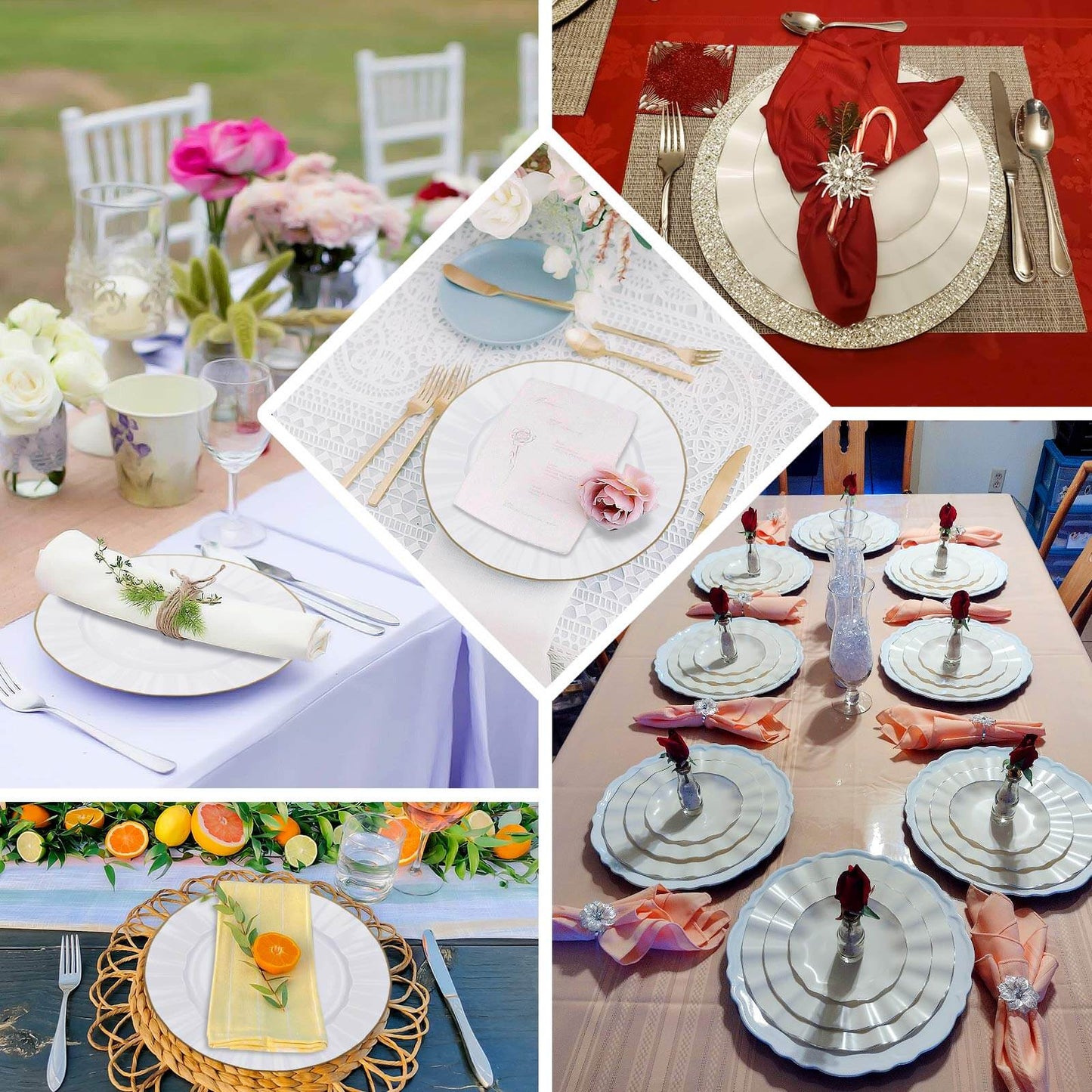 10-Pack Plastic 9" Round Dinner Plates in White Ruffled Rim with Gold Edging - Sturdy Disposable Dinnerware for Classy Events & Banquets