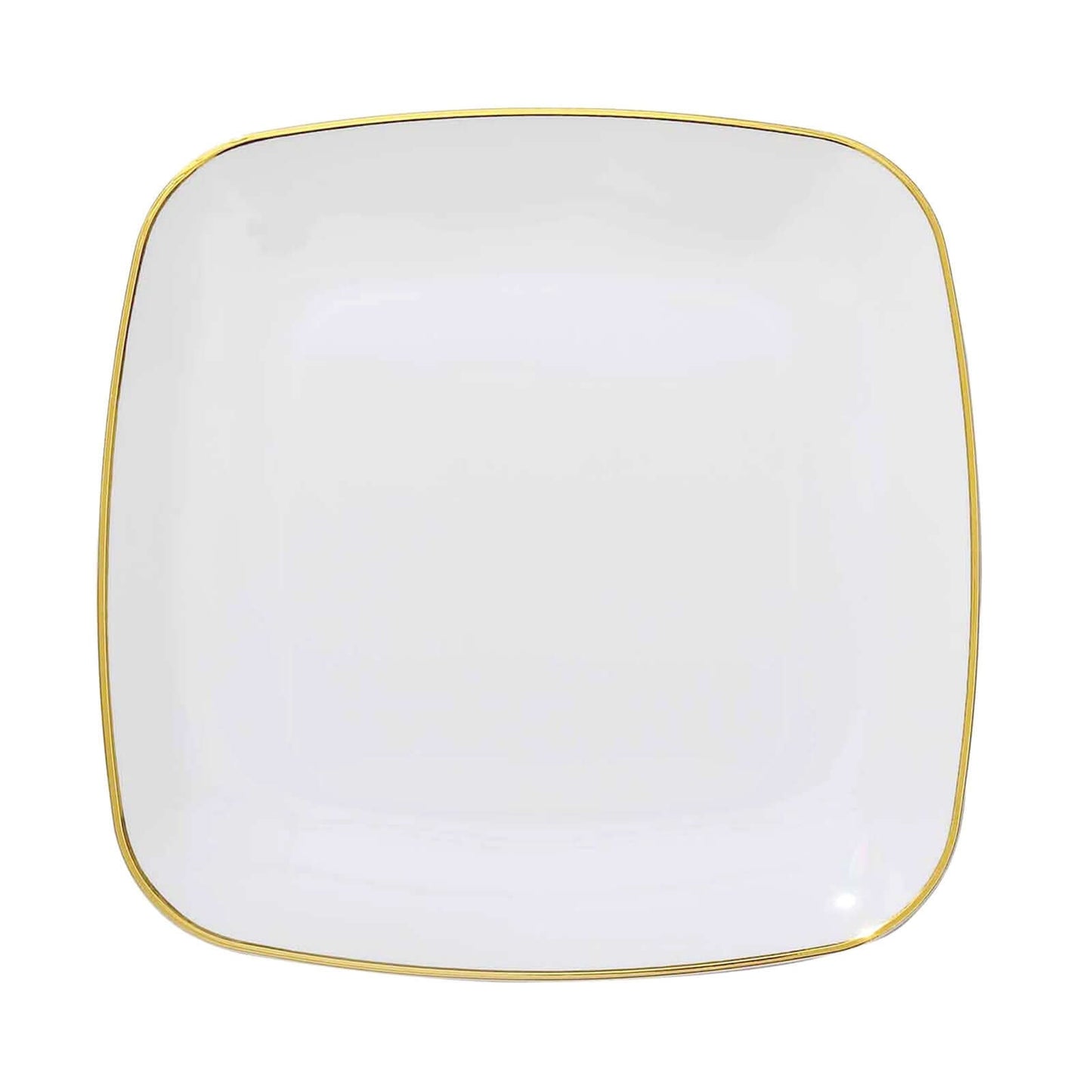 10-Pack Plastic 10" Square Dinner Plates in White with Gold Rim - Classy Disposable Lunch Party Plates for Weddings & Special Events