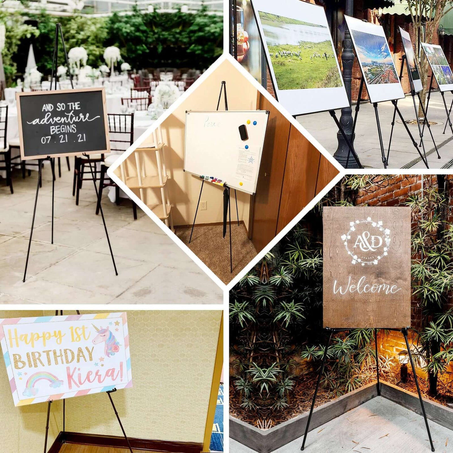 65" Gold Metal Sign Holder Easel Stand, Collapsible Tripod Stand