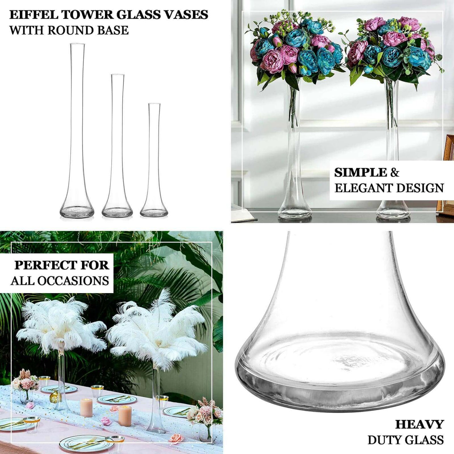 6-Pack Glass Eiffel Tower Vases Clear with Round Base - Tall Skinny Flower Bud Wedding Centerpieces 16"