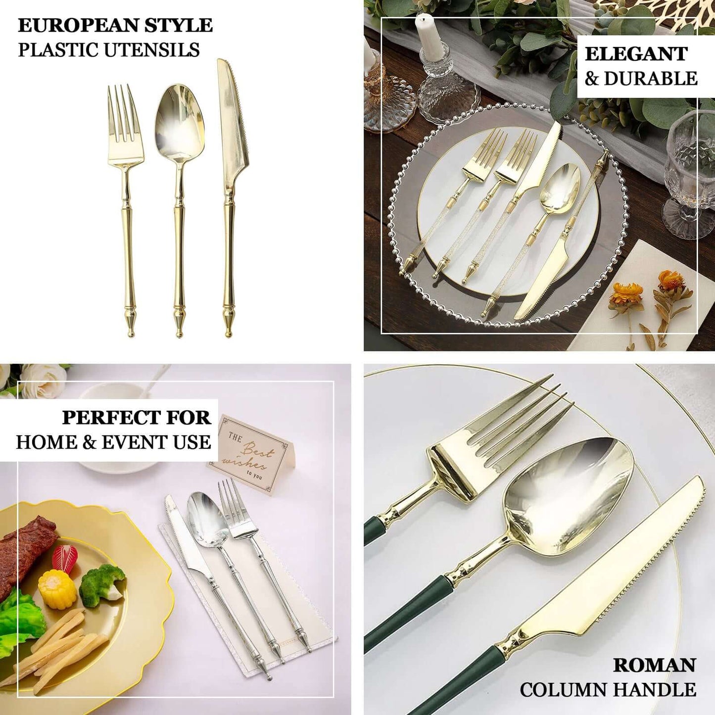 24-Pack Plastic Utensil Set with Roman Column Handle Gold/Clear - Glittered Disposable Silverware