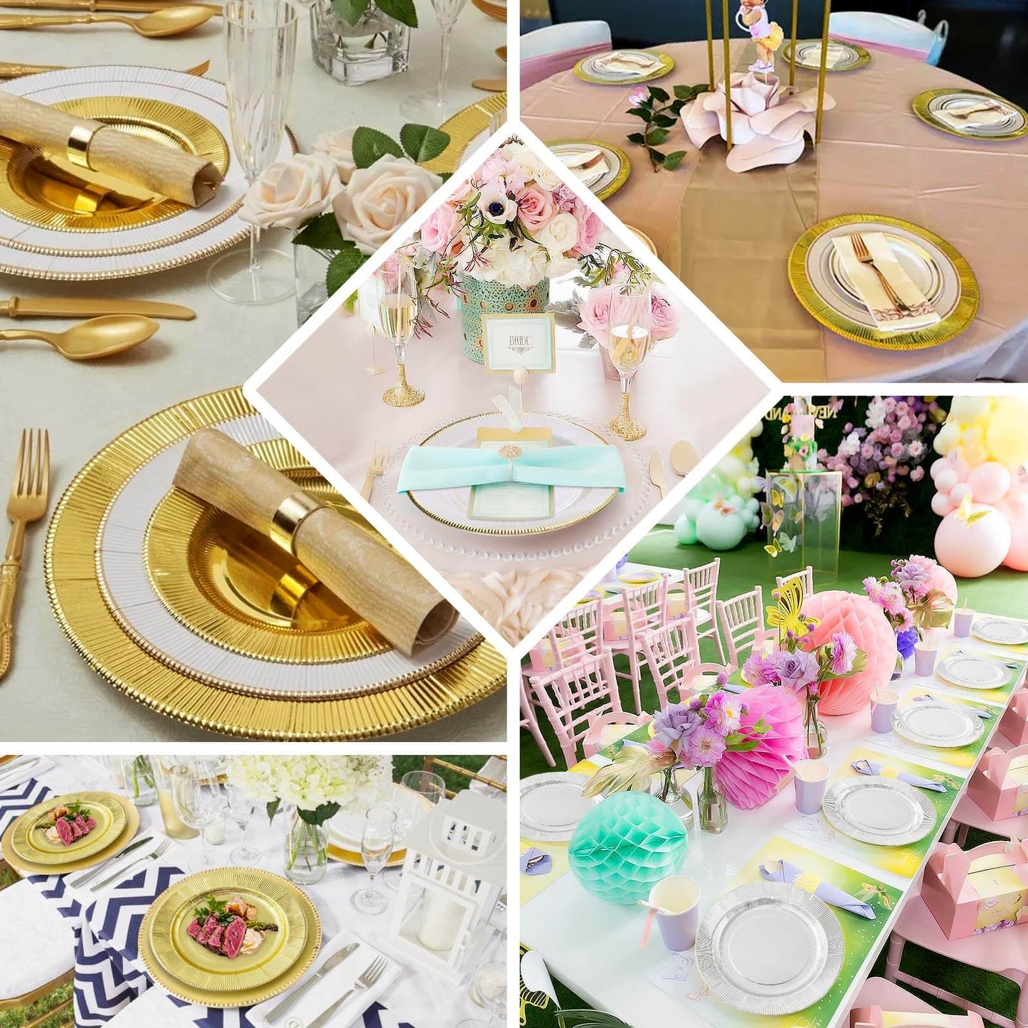 25-Pack Paper 10" Round Dinner Plates in Dusty Rose Sunray Design with Gold Rim - Disposable Heavy Duty 350GSM Party Plates