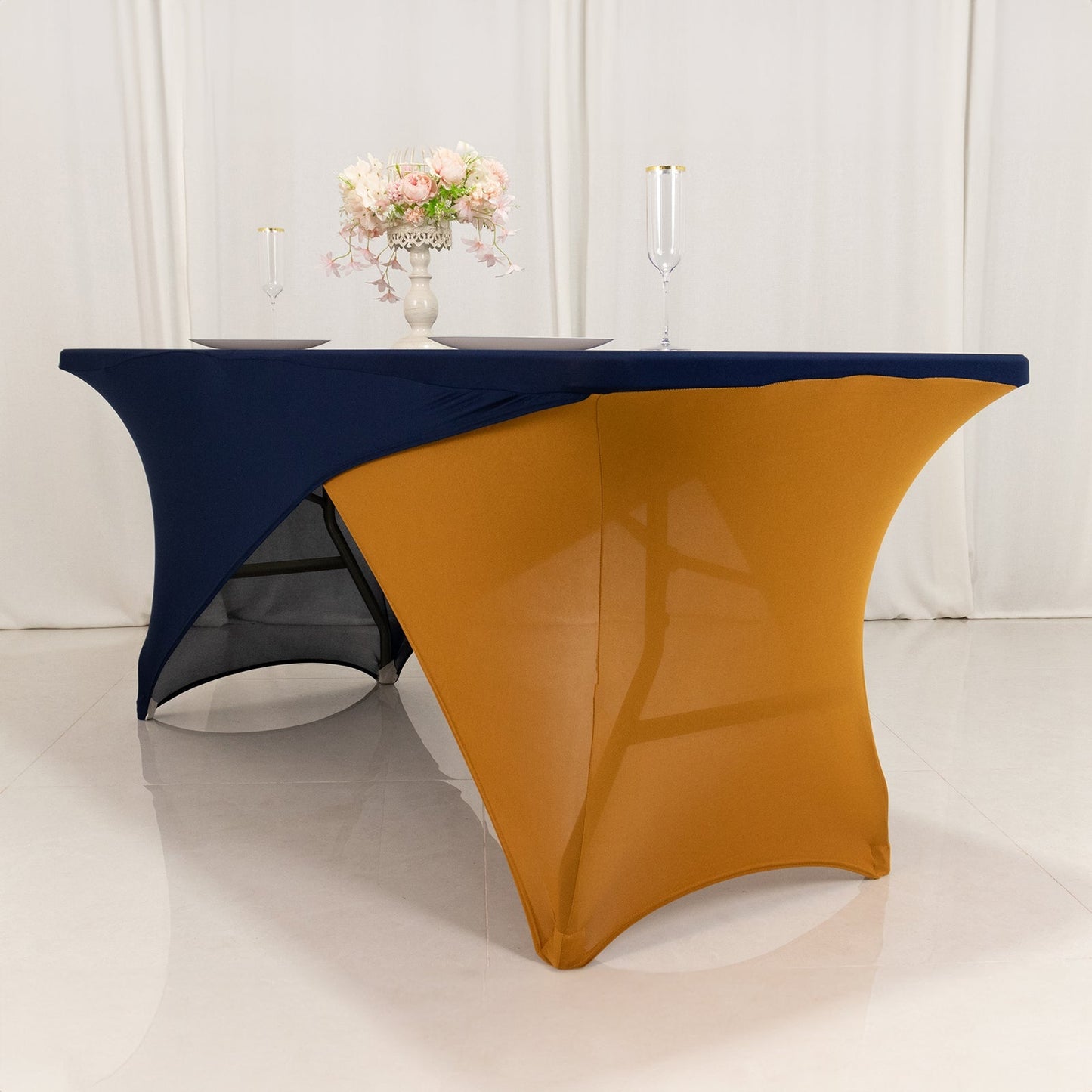 Stretch Spandex 72"x30" Rectangle Table Cover Navy Blue/Gold Cross Over Design - Two-Piece Fitted Tablecloth with Elastic Foot Pockets