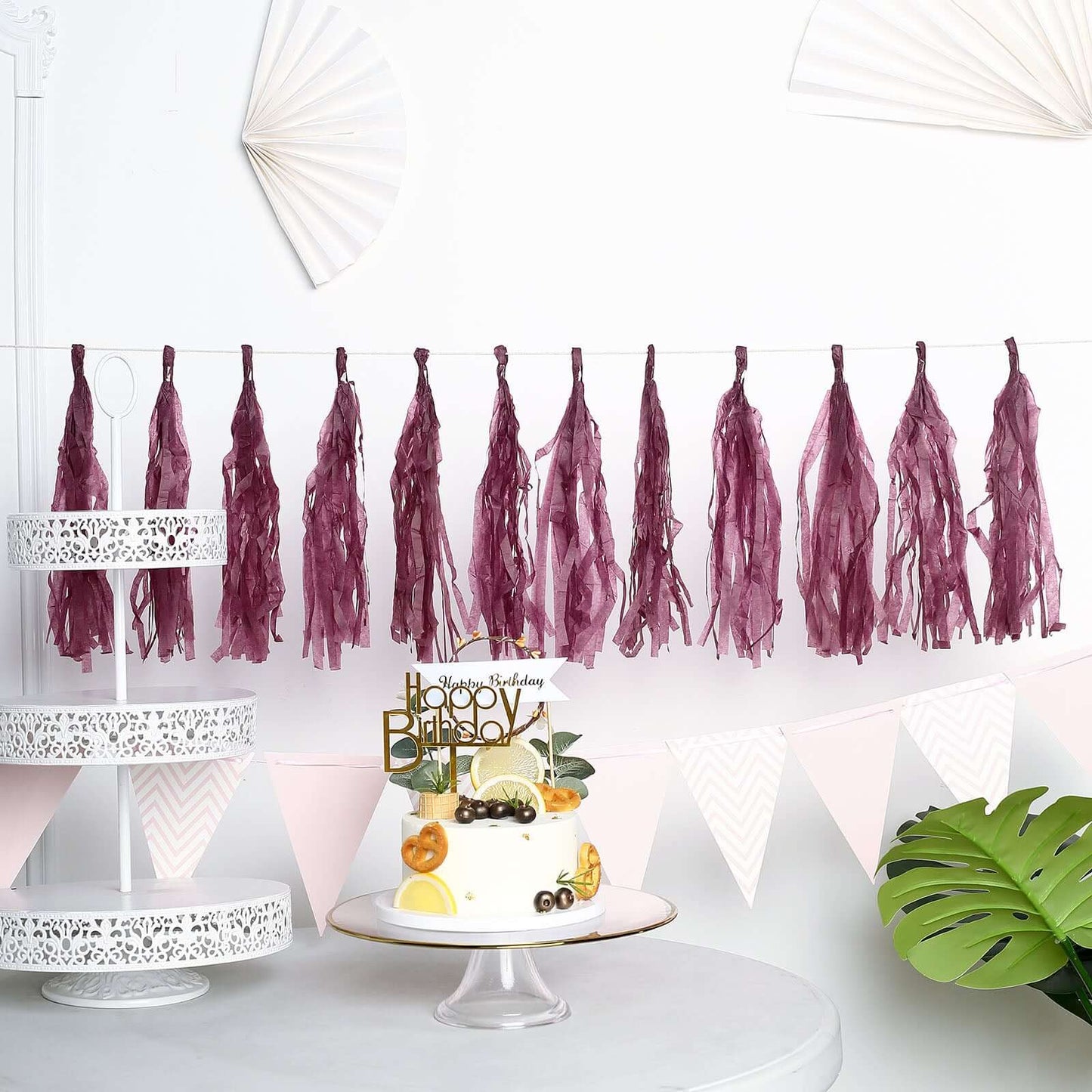 12 Pack Pre-Tied Eggplant Tissue Paper Tassel Garland With String, Hanging Fringe Party Streamer Backdrop Decor