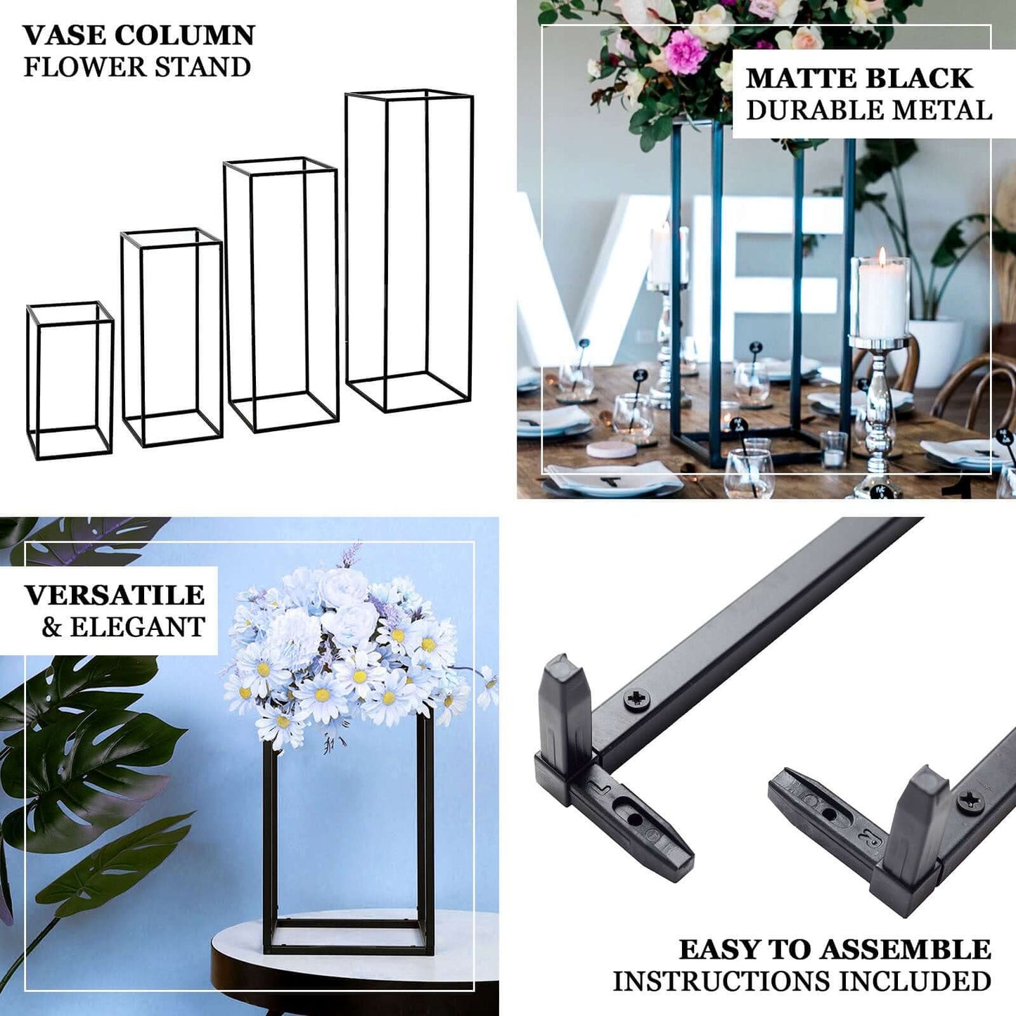 2-Pack Wedding Flower Stand Matte Black Metal Geometric Column Frame Rectangular - Versatile Floral Pedestal for Sophisticated Arrangements 16"