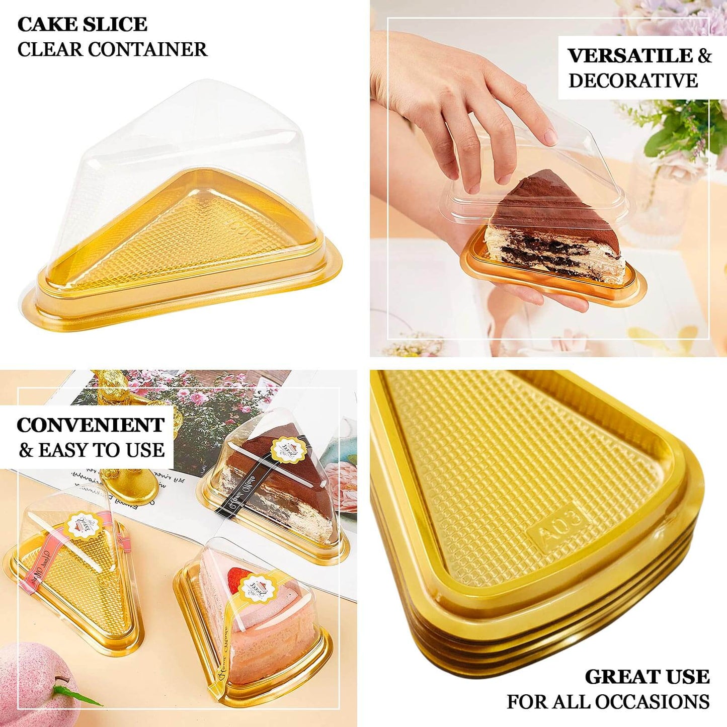 50-Pack Plastic Cake Slice Favor Containers Gold/Clear - Chic Individual Cheesecake Pie Party Favor Boxes with Lid for Events & Catering 6"x4.5"x2.5"