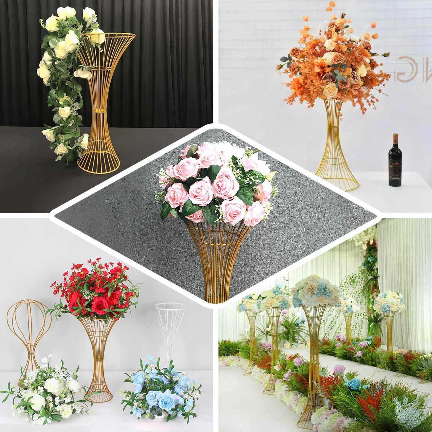 36" Tall Gold Metal Wire Hourglass Flower Frame Stand, Open Frame Reversible Trumpet Centerpiece Stand