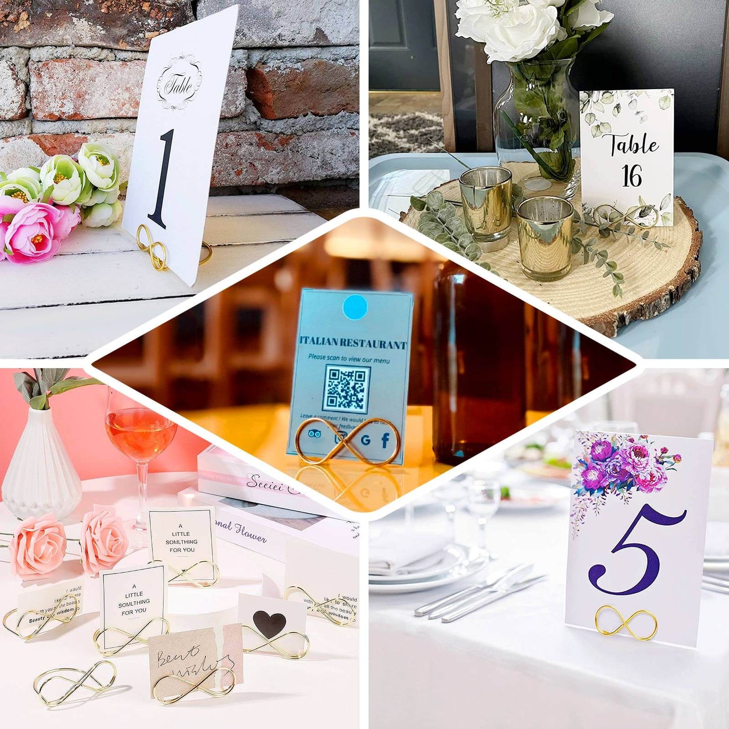 10-Pack Metal Card Holder Stands Infinity Design Gold - Table Number Stands and Wedding Place Card Menu Clips 3"