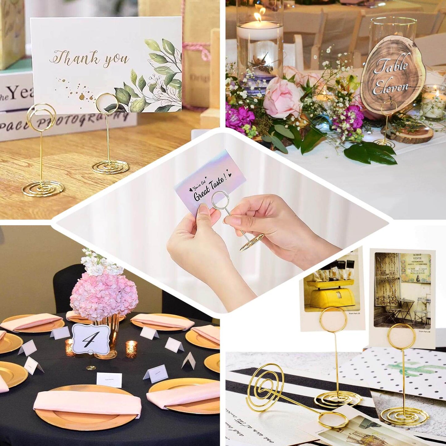 10-Pack Metal Card Holder Stands Mini Circle Hoop Design Gold - Table Number Stands and Wedding Place Card Menu Clips 3.5"