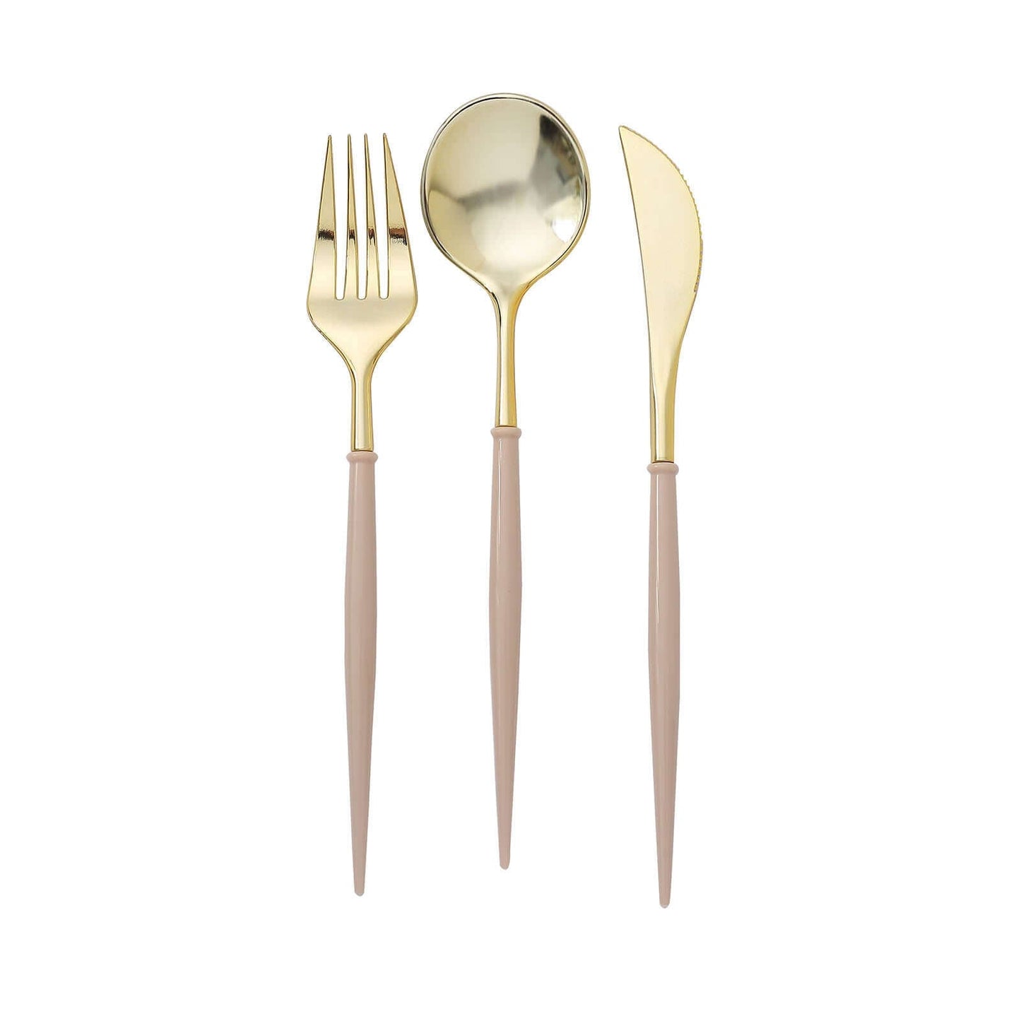 24-Pack Plastic Flatware Set in Metallic Gold with Beige Handle - Heavy Duty Disposable Modern Silverware 8"