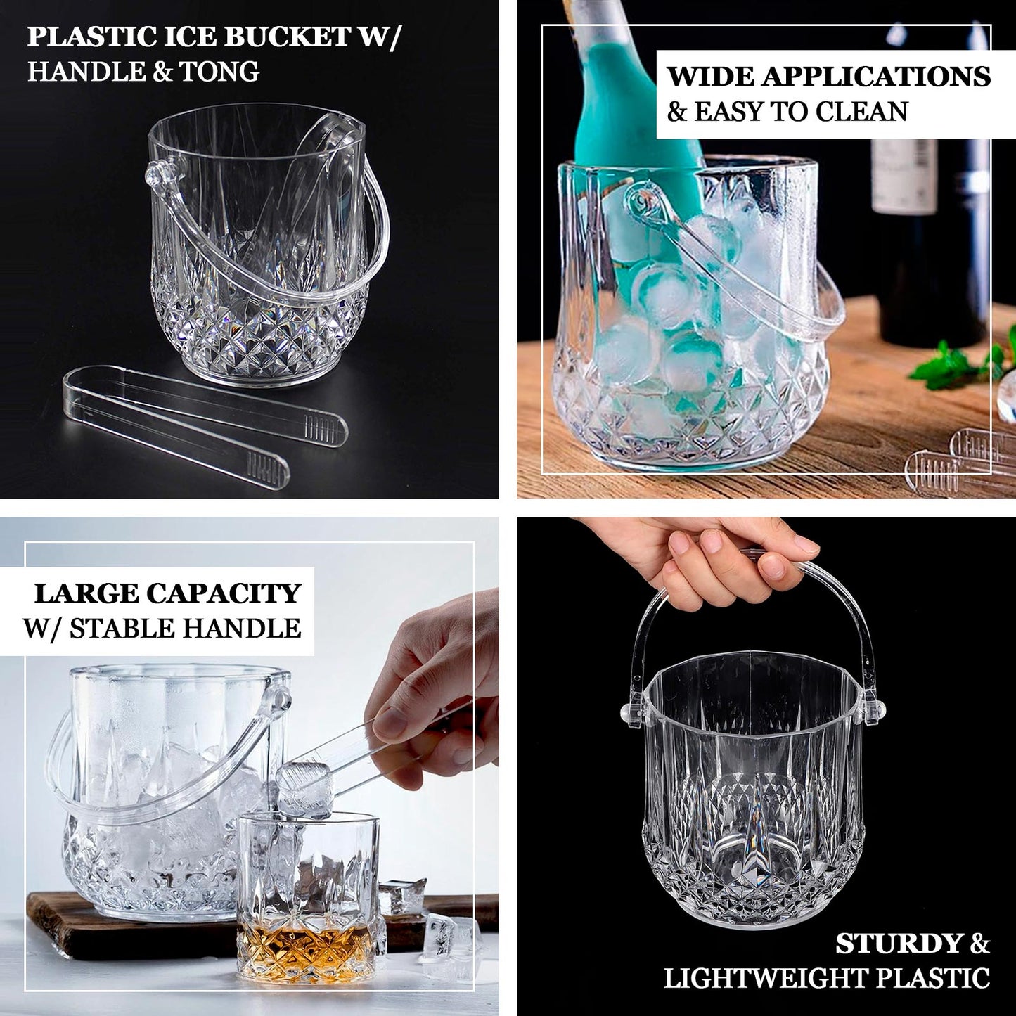 3-Pack Clear Plastic Small Ice Buckets with Handle & Tongs in Crystal-Cut Design 5"x5"