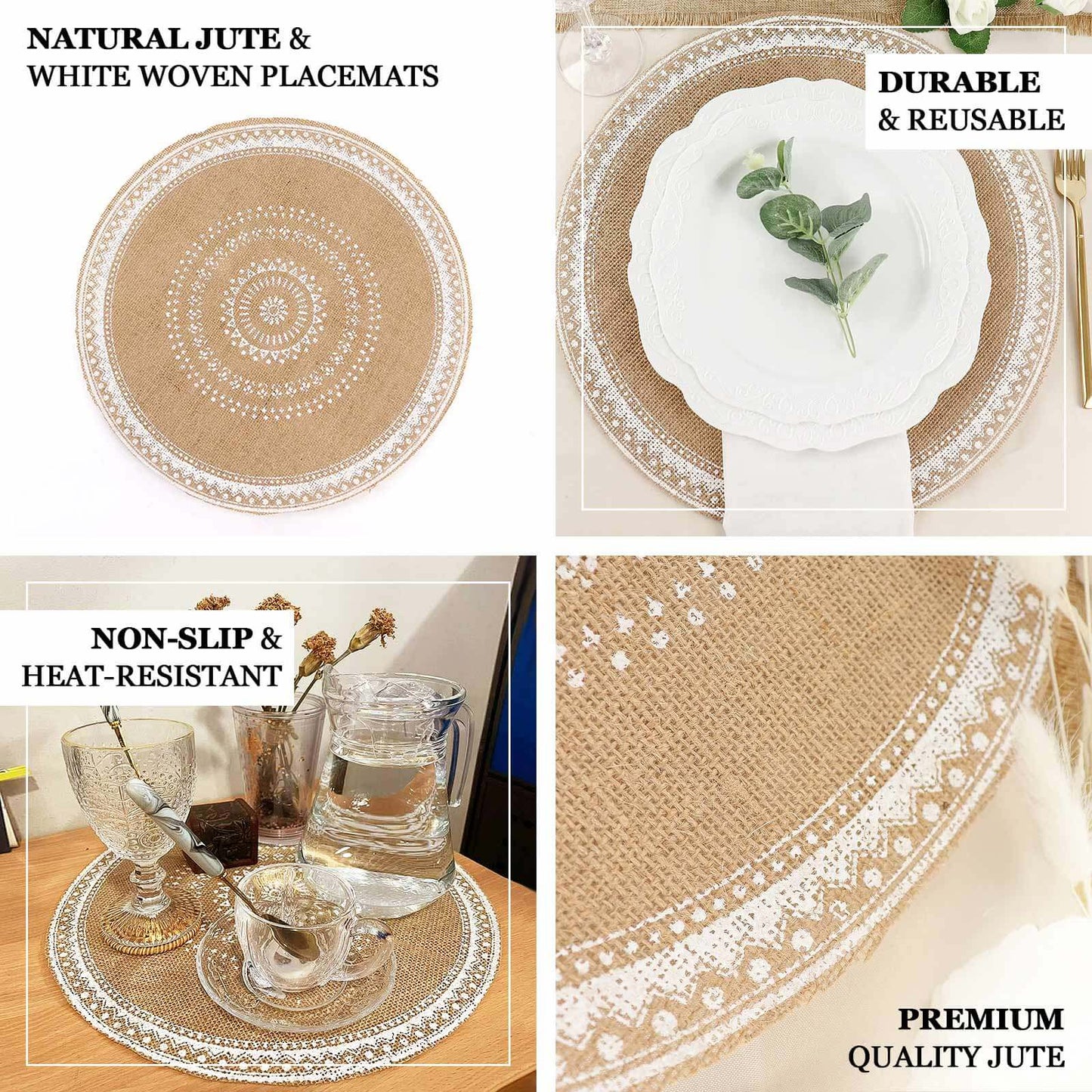 4-Pack Placemats Braided Design Natural Jute and White Round - Rustic Burlap Woven Table Mats 15"