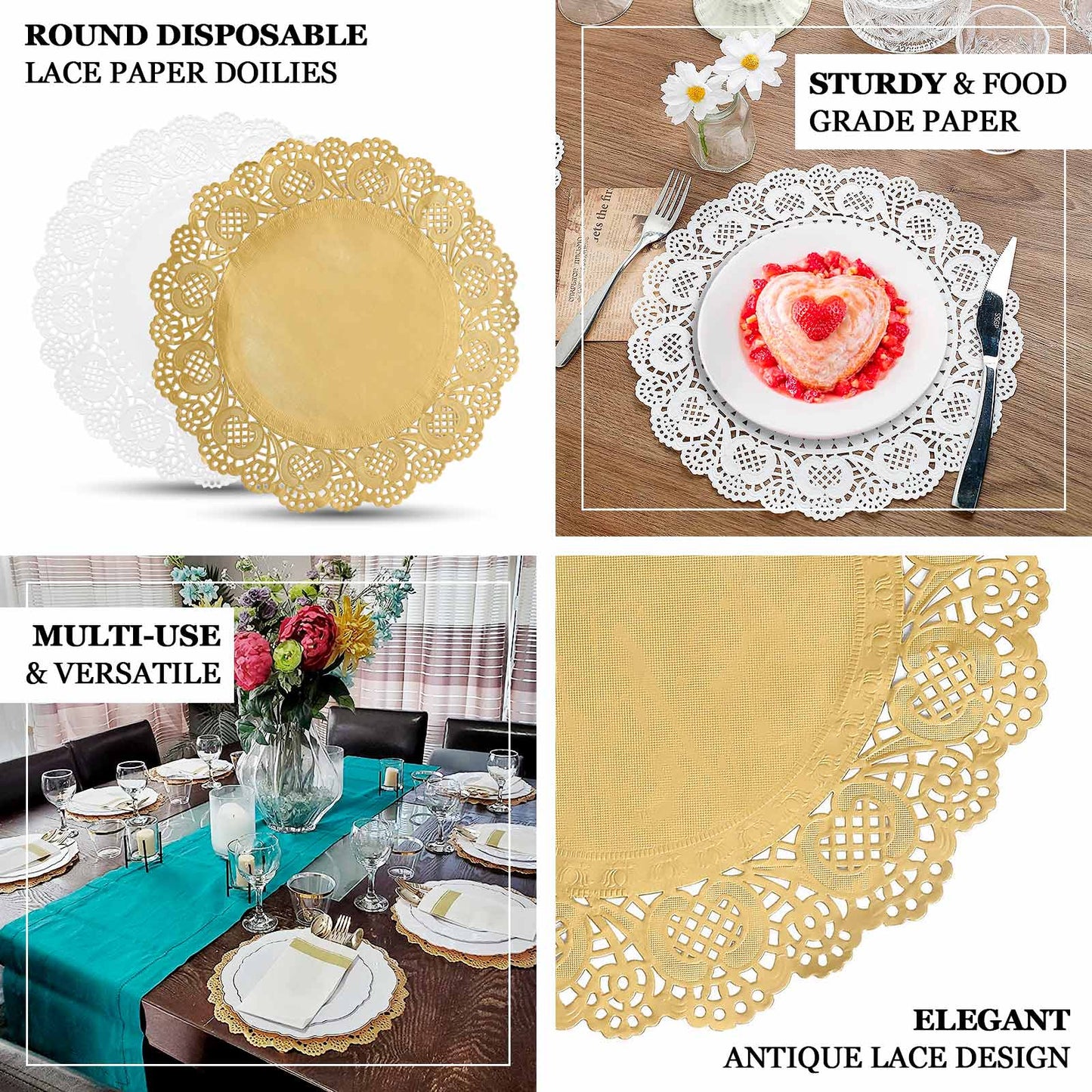 50 Pcs Paper 12" Round Placemats in Gold - Food Grade Lace Paper Doilies for Dessert Display & Table Decor