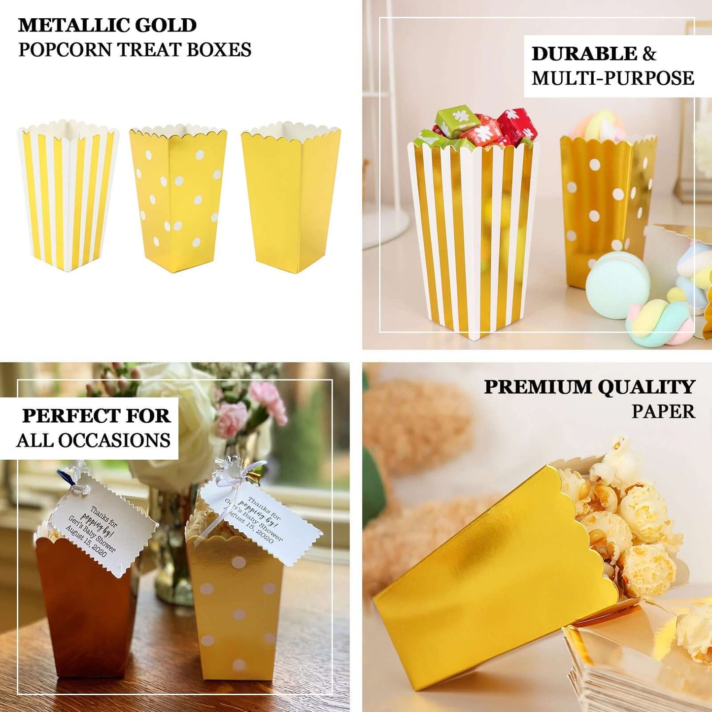 36 Pack 5" White Gold Design Mini Paper Popcorn Boxes, Candy Favor Disposable Bags - Stripe, Polka Dot, Solid Style