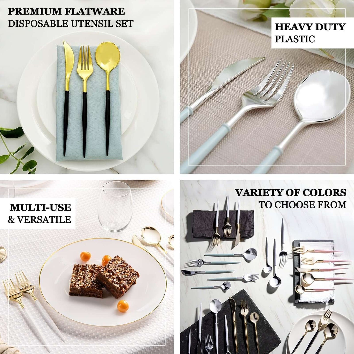 24-Pack Plastic Flatware Set in Metallic Gold with Sage Green Handle - Heavy Duty Disposable Modern Silverware 8"