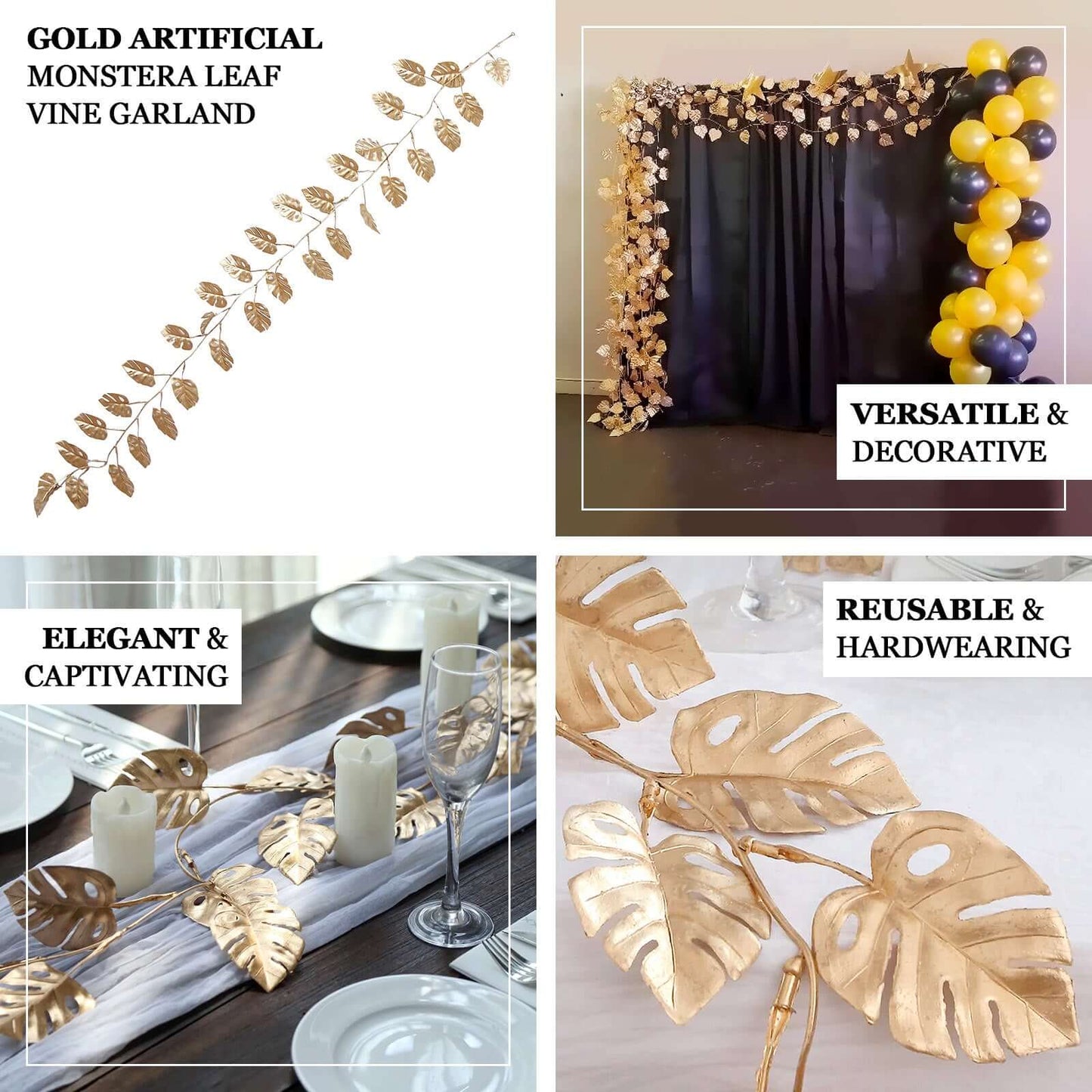 Artificial Monstera Leaf Hanging Vine Metallic Gold - Faux Table Garland for Tropical Outdoor & Boho-Inspired Events 7ft