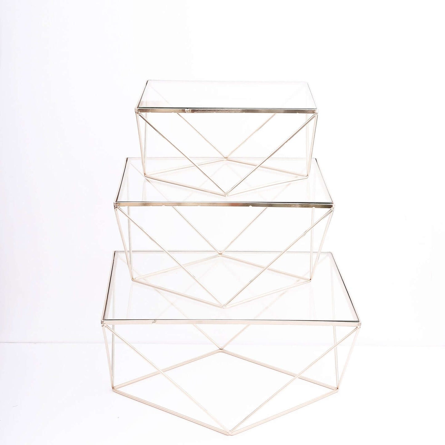 Set of 3 Metal Cake Dessert Stands Geometric Stackable Design Gold with Square Glass Top - Pedestal Display Centerpieces