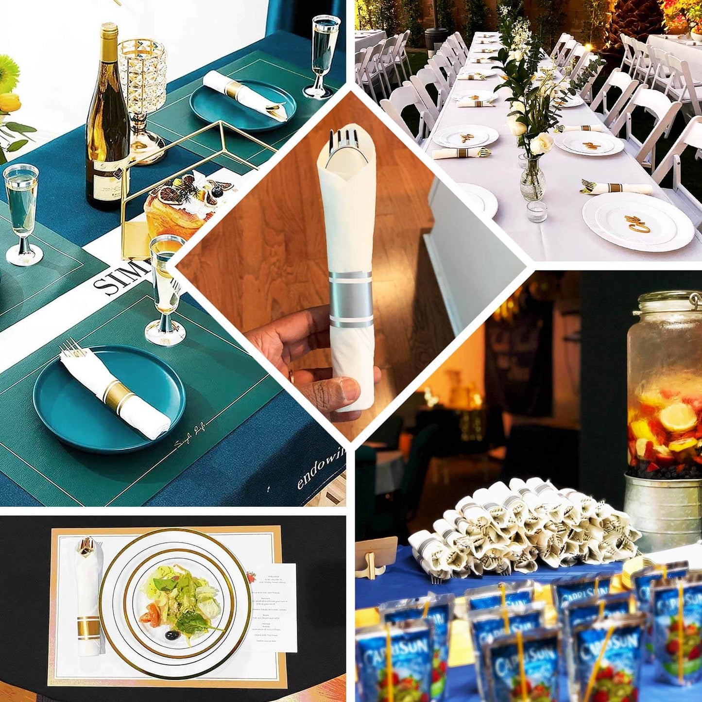 Set of 24 Rose Gold Plastic Silverware with Pre-Rolled White Paper Napkins - Disposable Wrapped Fork, Spoon, and Knife Set