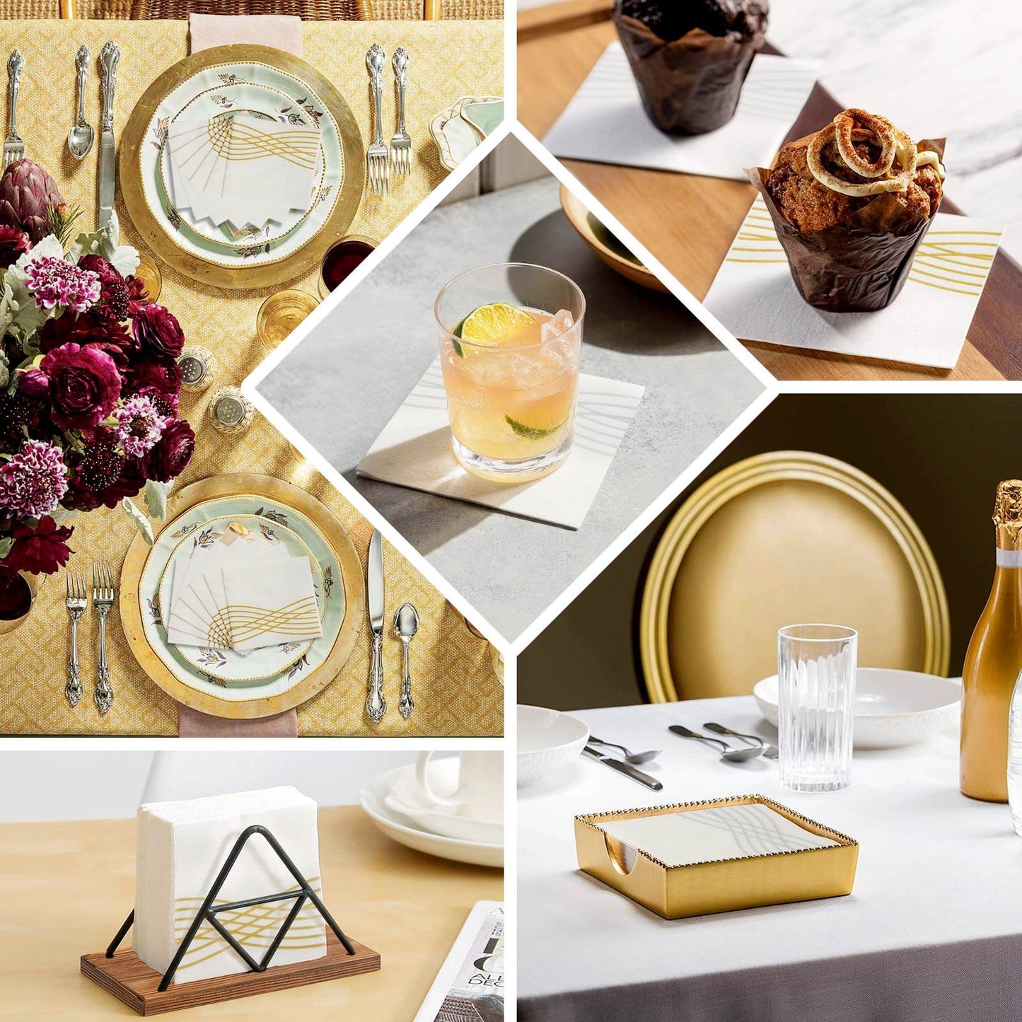 20 Pack Linen-Like Paper 5"x5" Napkins White - Silver Foil Wave Design Airlaid Cocktail Napkins