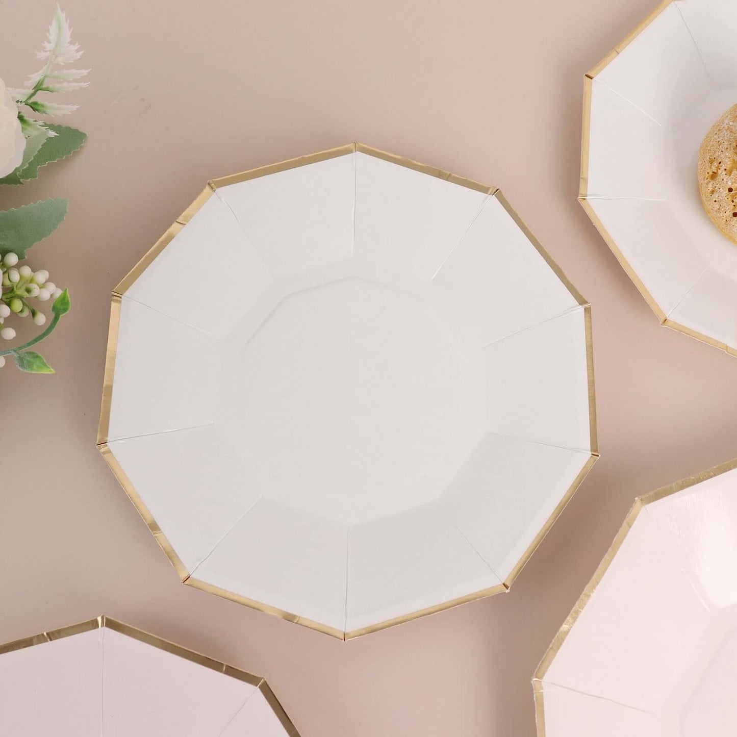 25-Pack Paper 7" Decagon Appetizer Plates in White with Gold Foil Rim - Stylish Geometric Dessert/Salad Plates for Cocktail Parties & Receptions